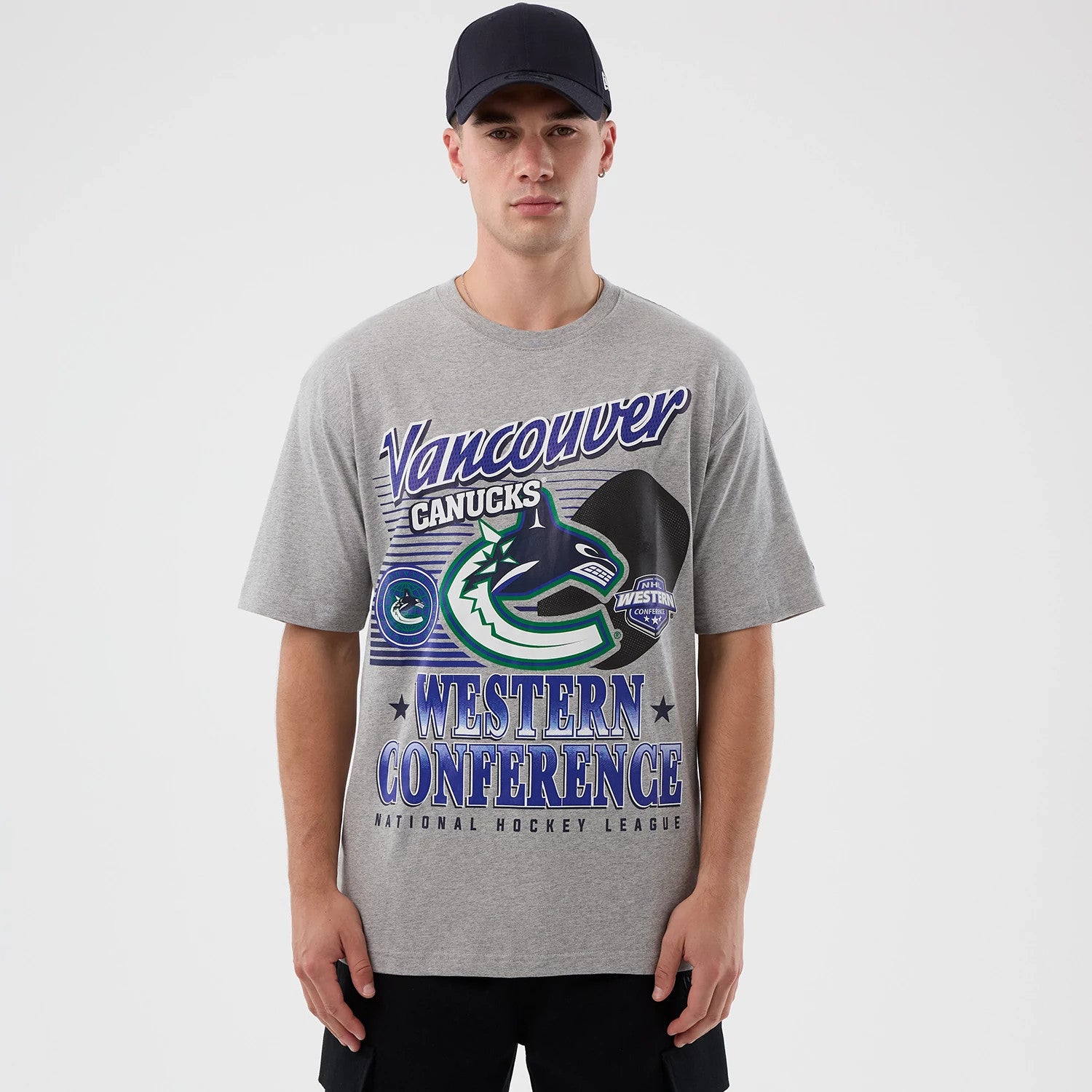 The Male model is wearing Vancouver Canucks NHL Sport Classic Grey T-Shirt 1