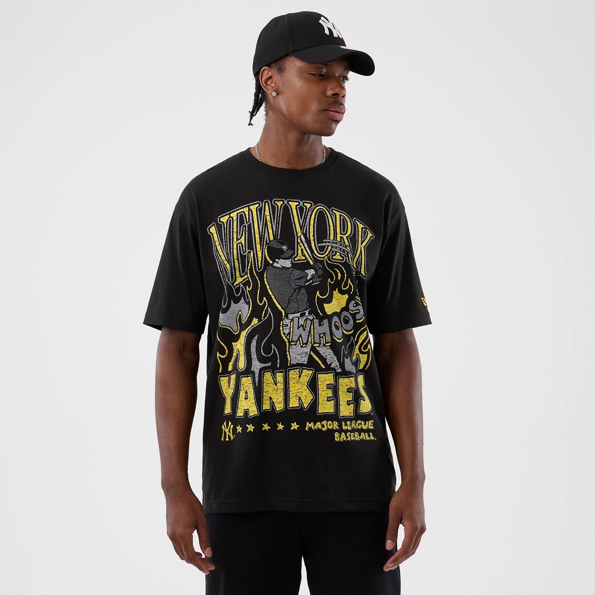 The Male model is wearing New York Yankees Player Life Graphic Black T-Shirt 1