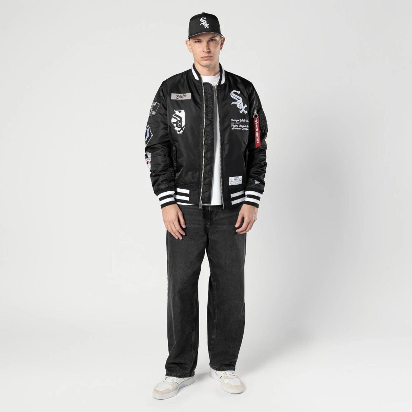 The Male model is wearing Chicago White Sox MLB X Alpha Black Bomber Jacket 5