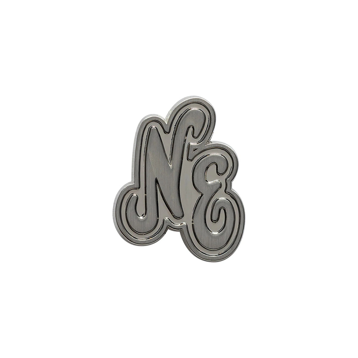 New Era Script Heritage Connect Silver Pin Badge, front view showing the polished silver script design with the letters NE, featuring an embossed finish for a textured appearance.