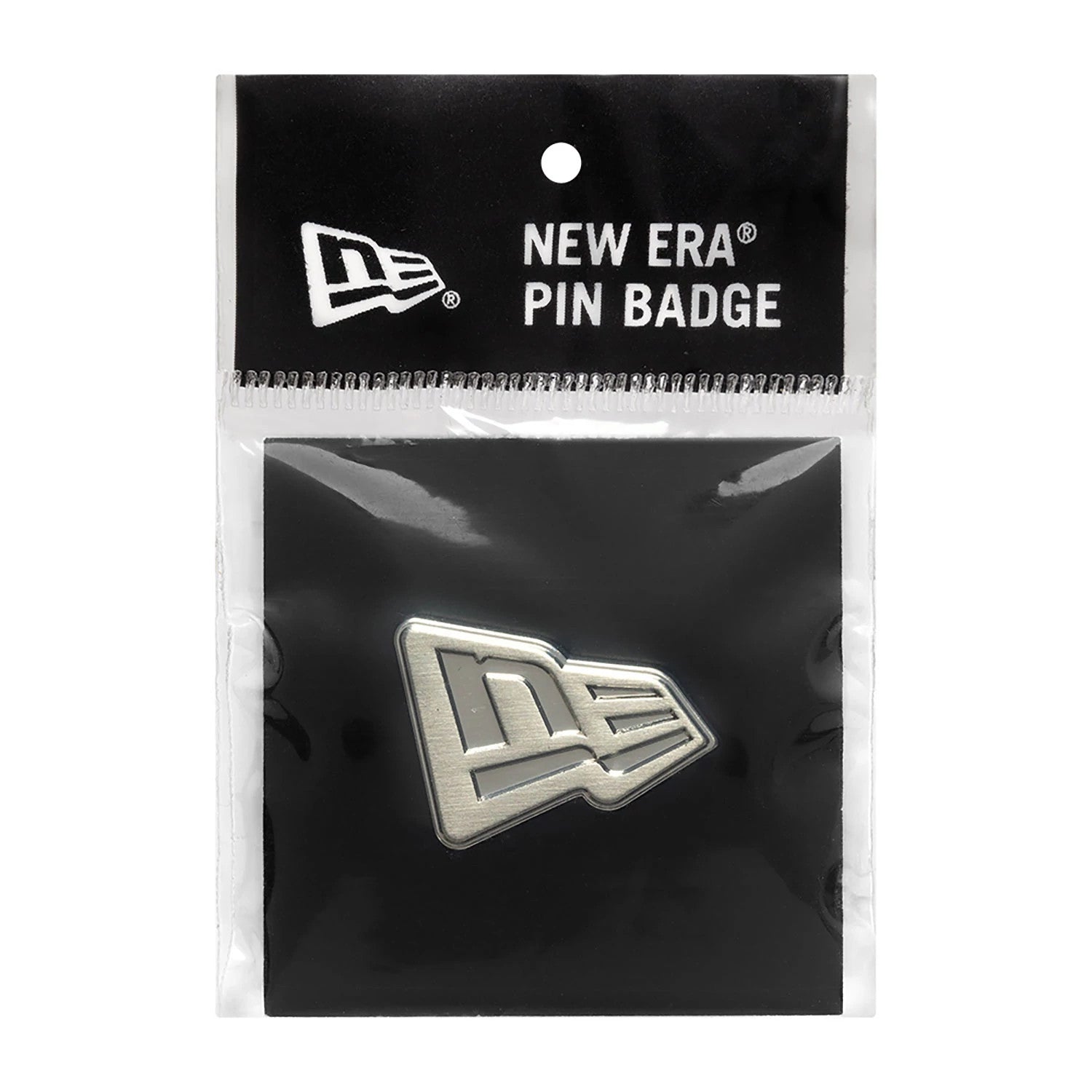 New Era Flag SIlver Pin Badge, front view showing a silver embossed logo centred on a black backing card, enclosed in clear packaging with a black header and white text in the top right corner.