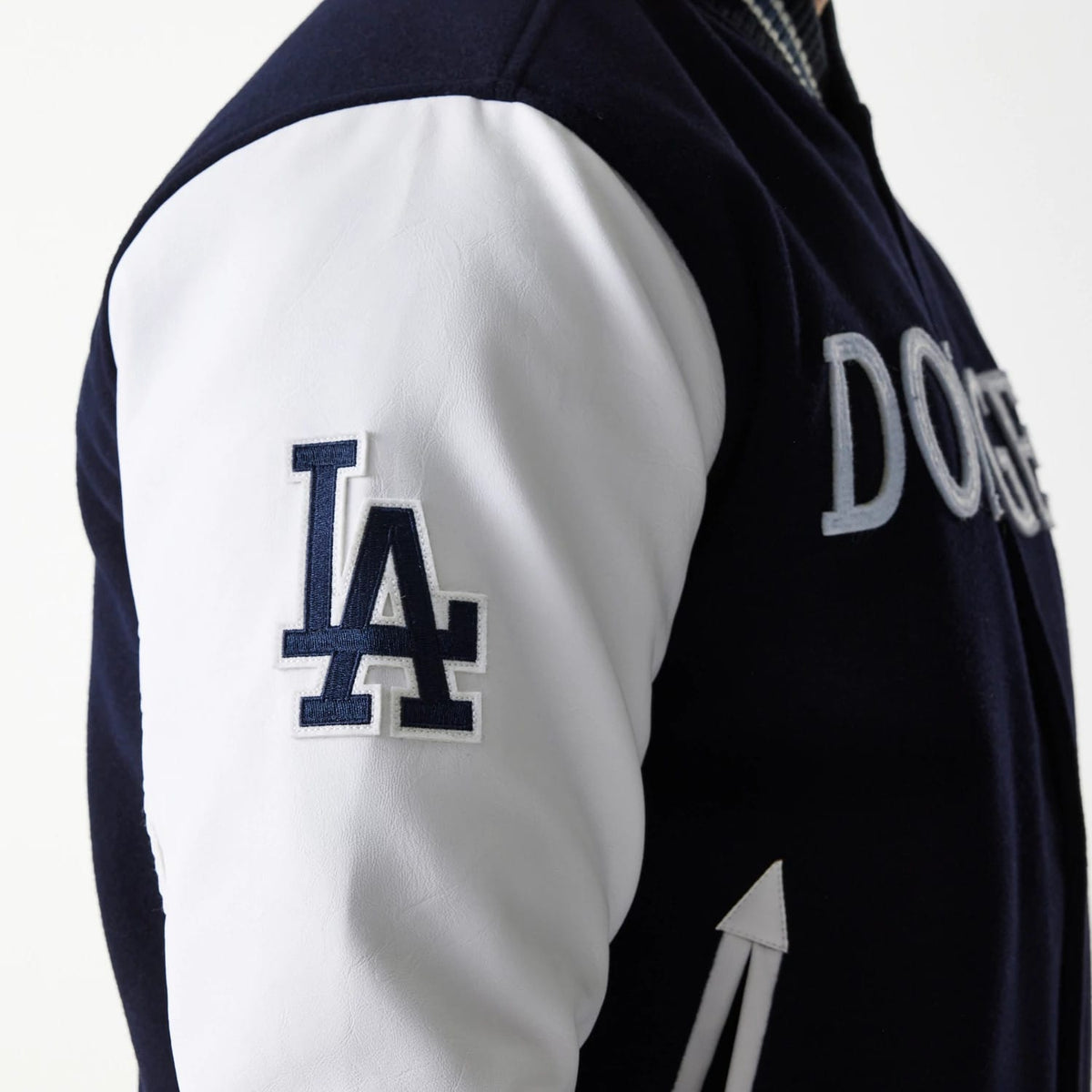 The Male model is wearing LA Dodgers MLB Wordmark Navy Varsity Jacket 4