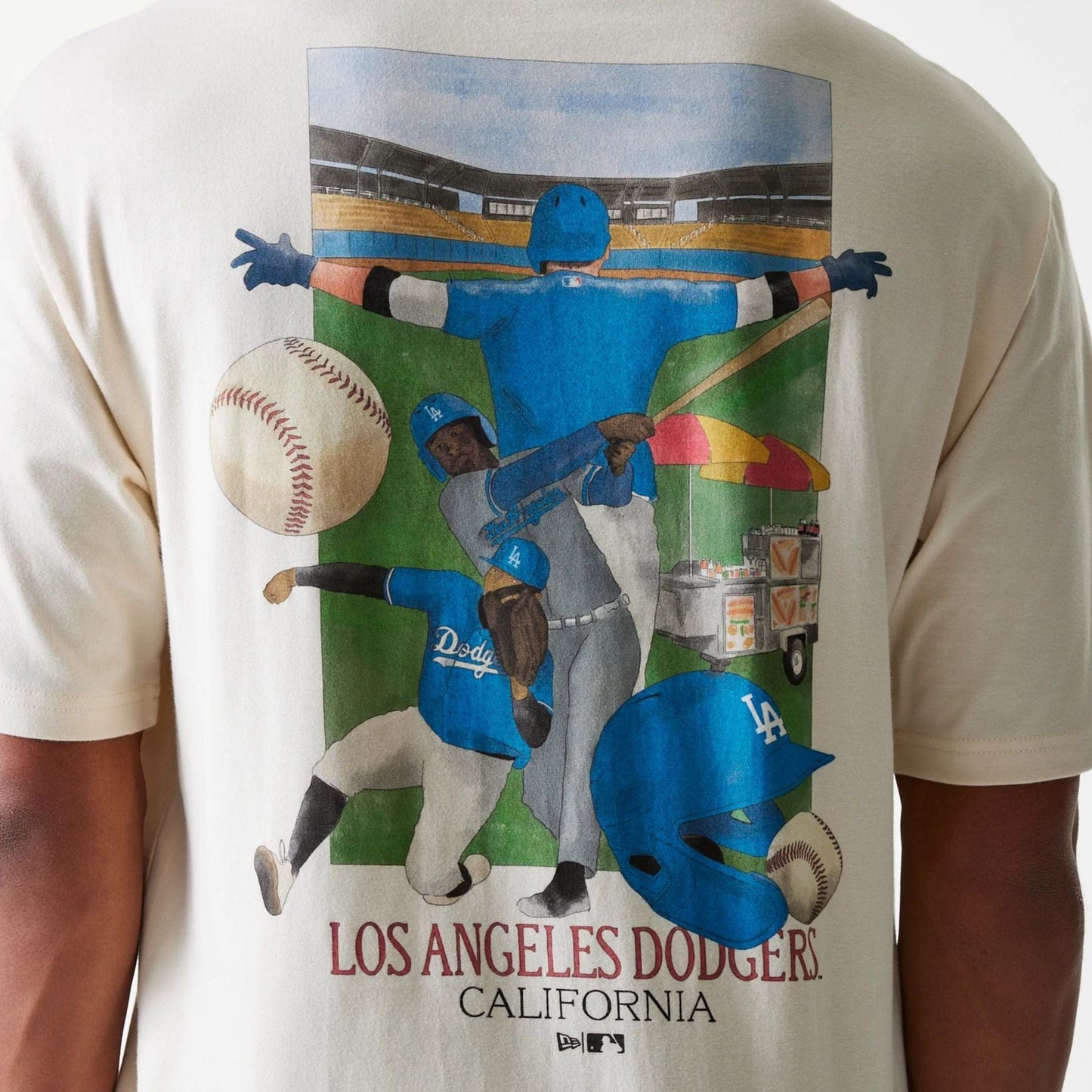 The Male model is wearing LA Dodgers MLB Baseball Graphic Light Beige Oversized T-Shirt 8
