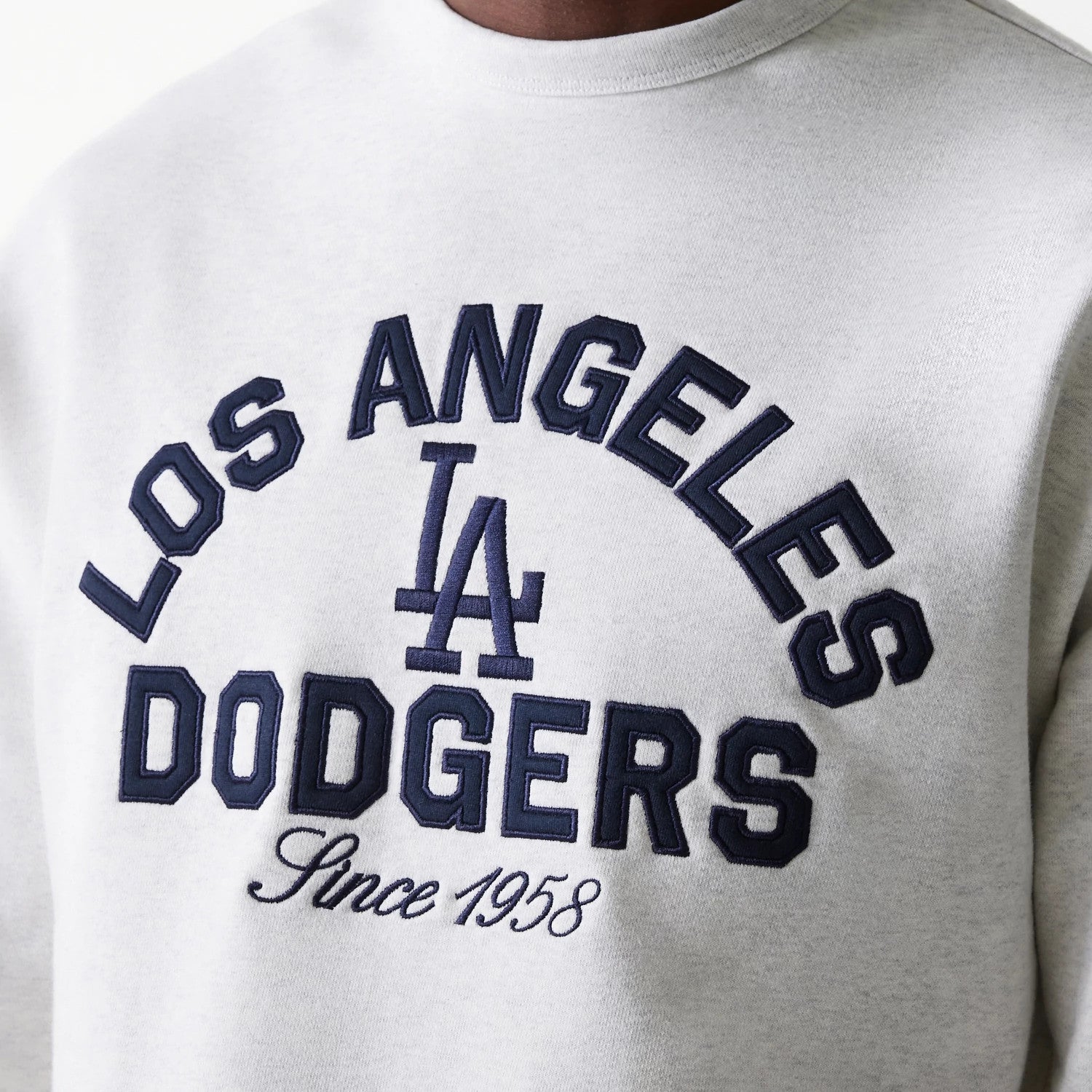 The Male model is wearing LA Dodgers MLB Heritage Pastel Grey Oversized Crew Neck Sweater 4