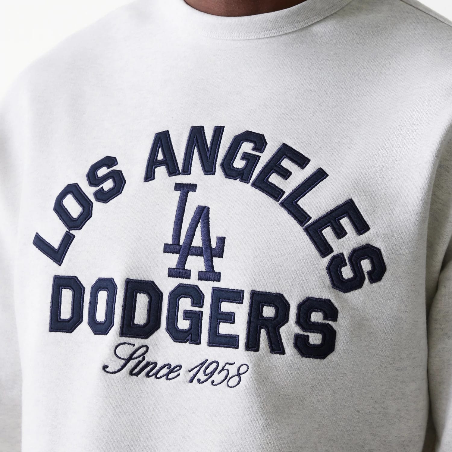 The Male model is wearing LA Dodgers MLB Heritage Pastel Grey Oversized Crew Neck Sweater 4