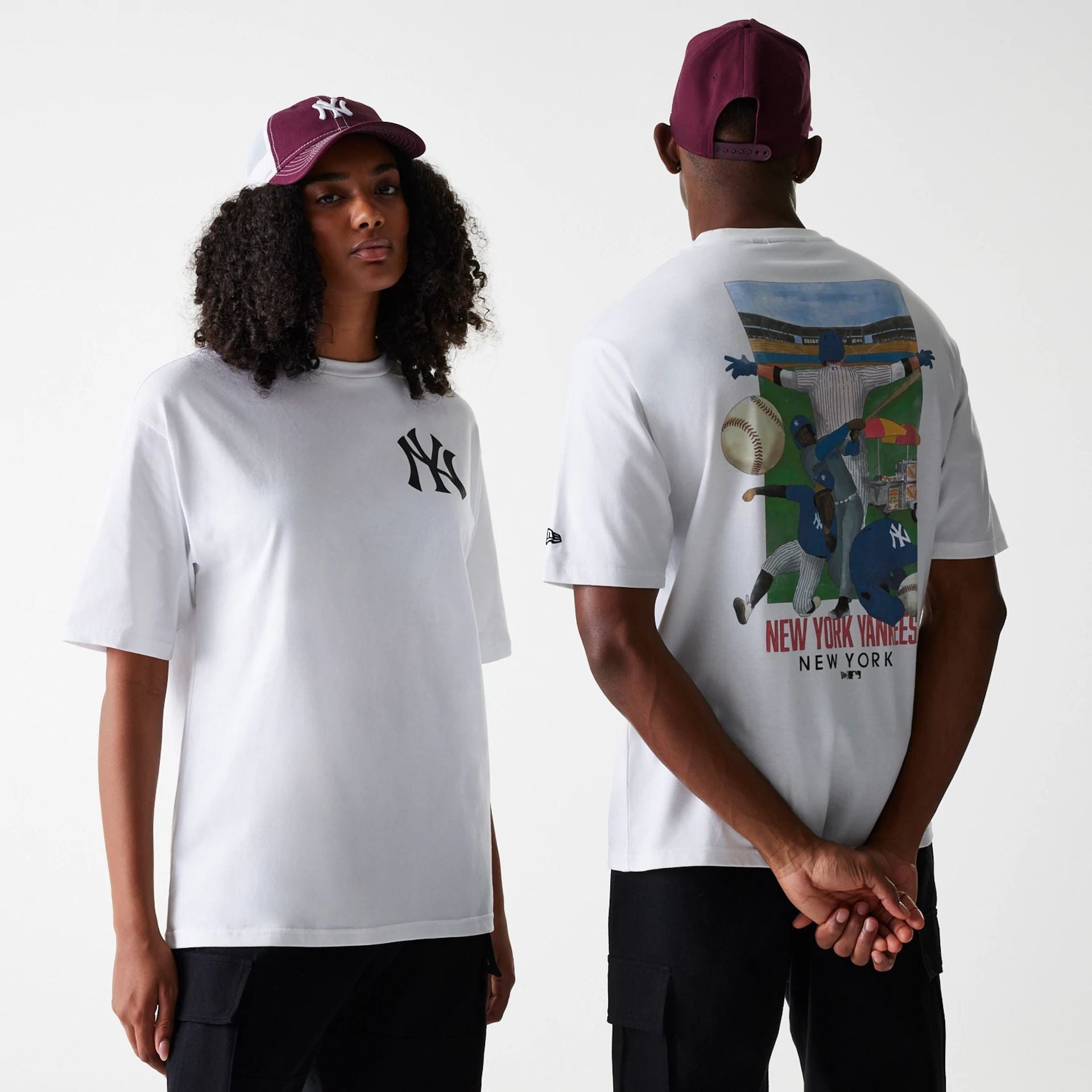 The Male model is wearing New York Yankees MLB Baseball Graphic White Oversized T-Shirt 1