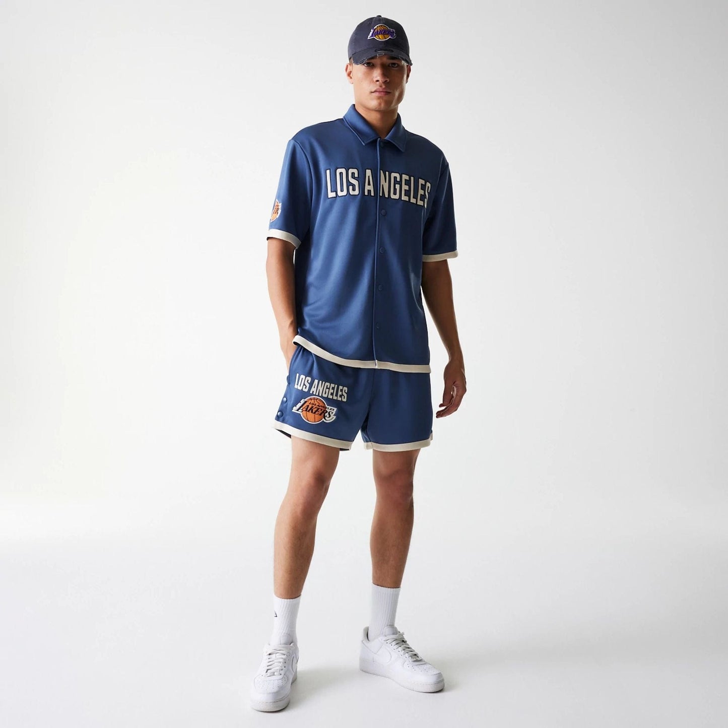 The Male model is wearing LA Lakers NBA Snap Button Dark Blue Short Sleeve Shirt 8