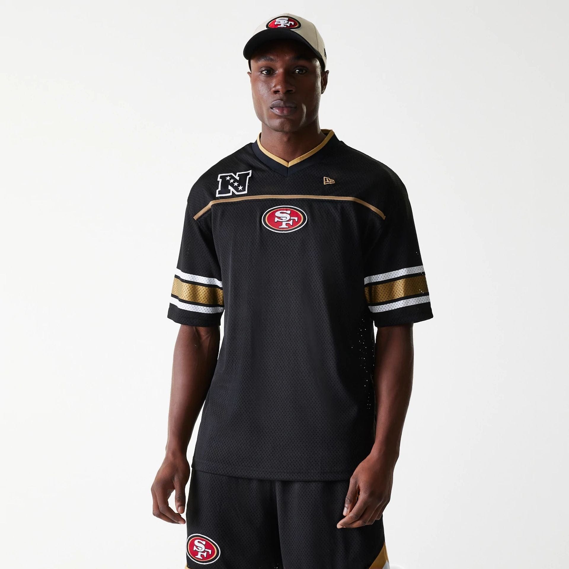 The Male model is wearing San Francisco 49ers NFL Mesh Black Jersey 1