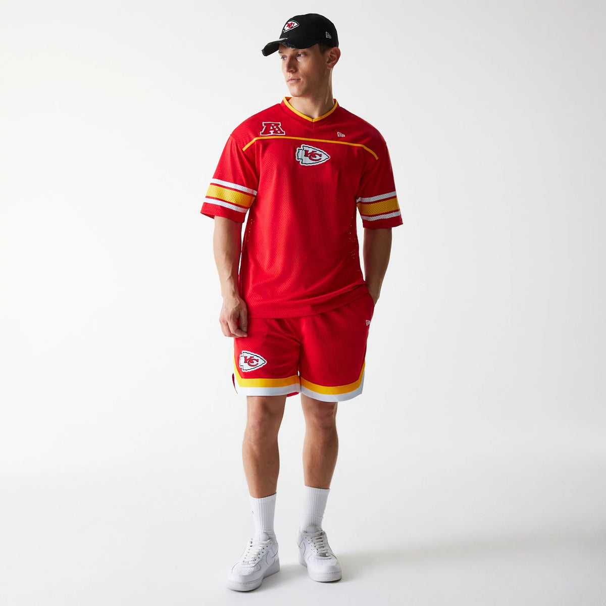 The Male model is wearing Kansas City Chiefs NFL Mesh Red Jersey 8