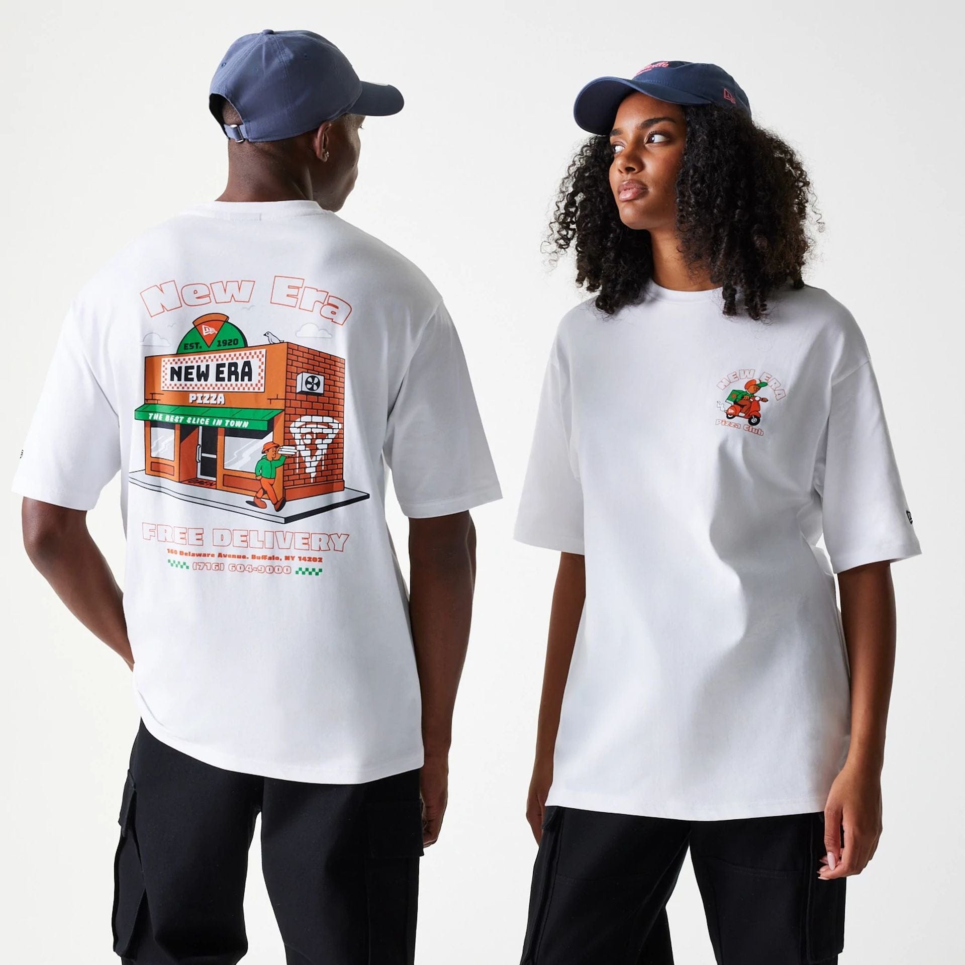 The Male model is wearing New Era Pizza Club Graphic White Oversized T-Shirt 1