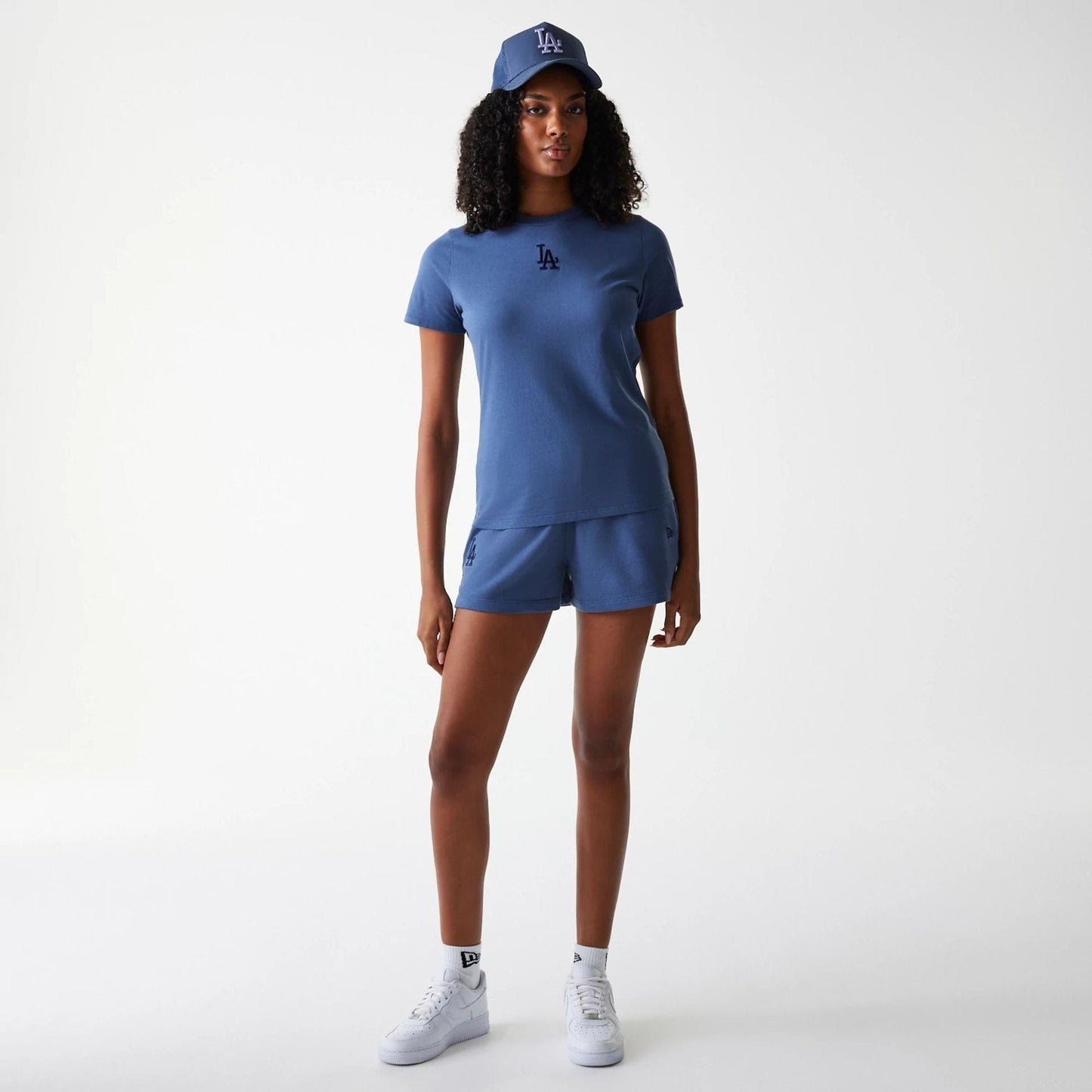 The Female model is wearing LA Dodgers Womens MLB Midi League Essential Dark Blue T-Shirt 8