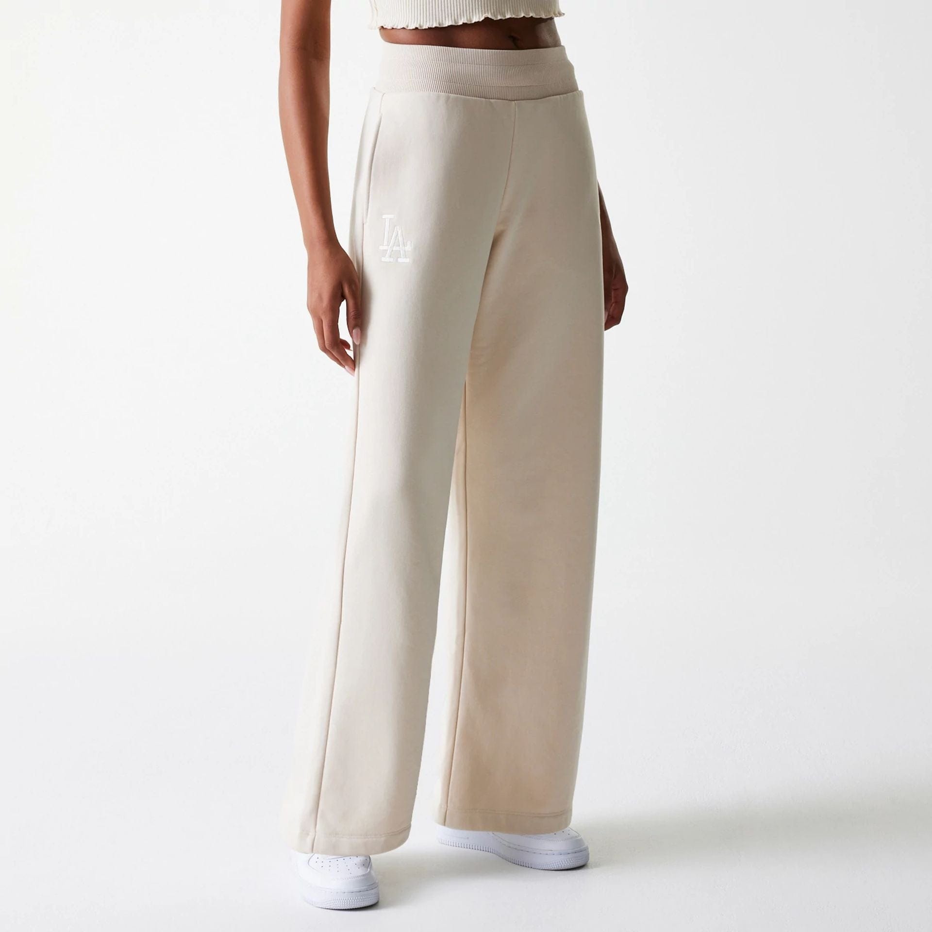 The Female model is wearing LA Dodgers Womens MLB Tonal Light Beige Straight Leg Joggers 1