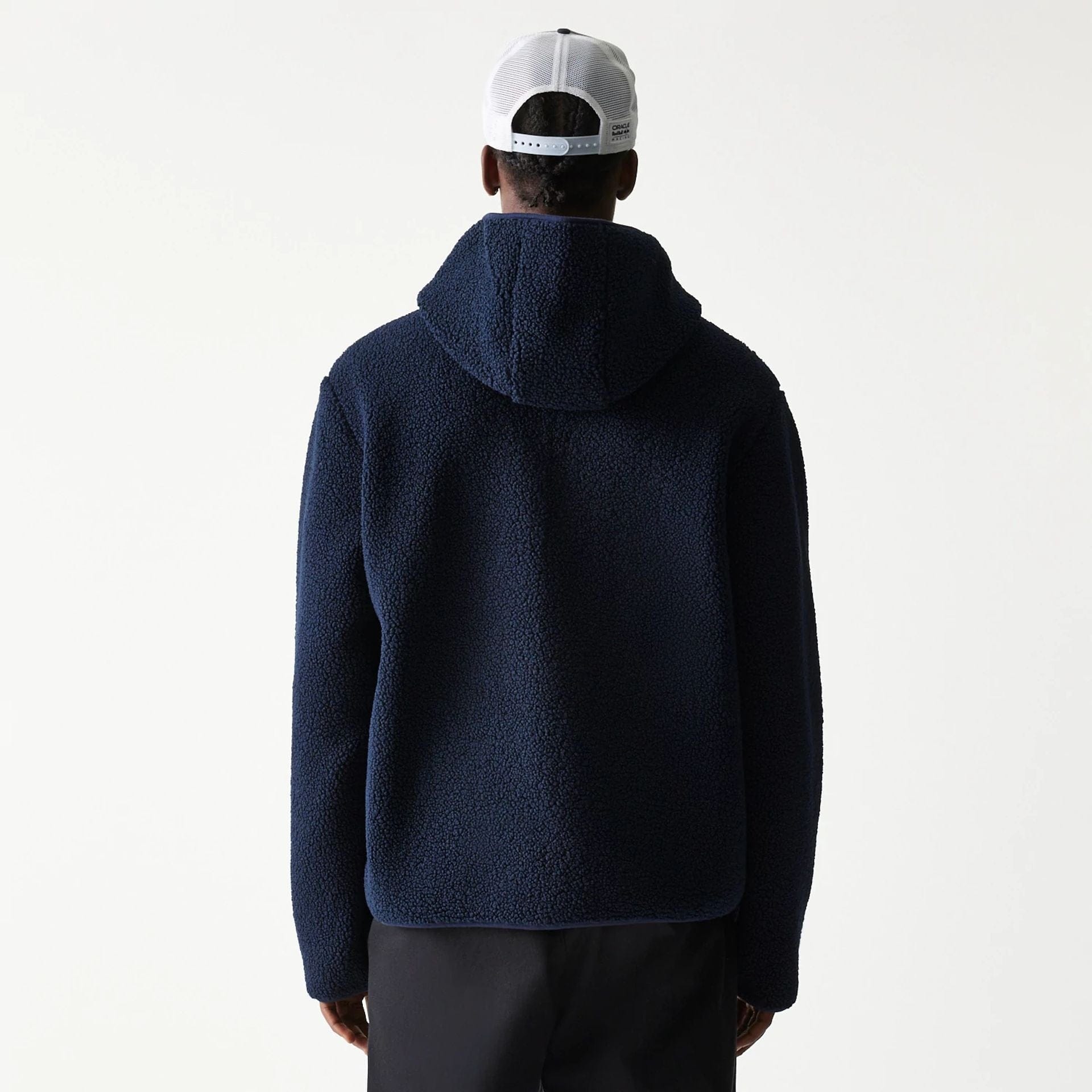 The Male model is wearing Red Bull Racing Dark Blue Hooded Sherpa Jacket 2