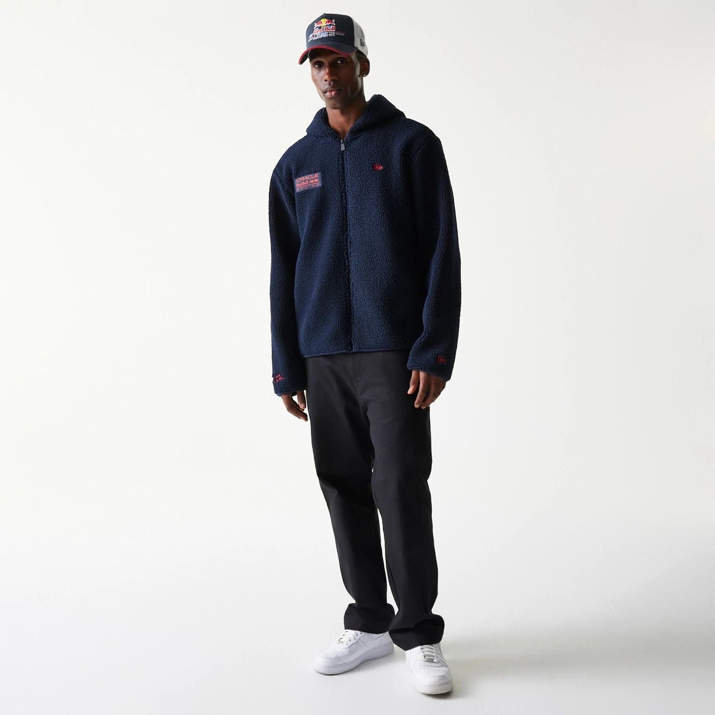 The Male model is wearing Red Bull Racing Dark Blue Hooded Sherpa Jacket 8