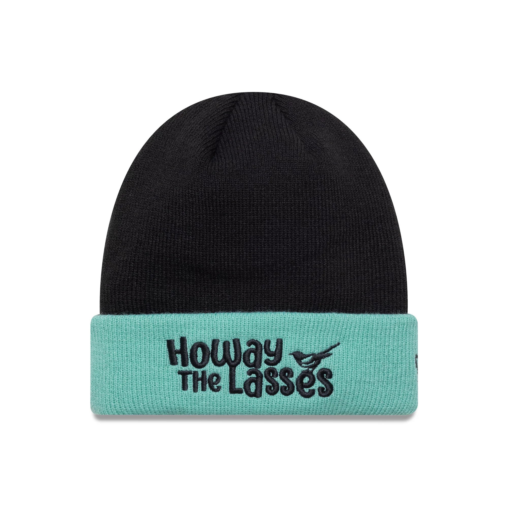 This is a Newcastle United FC Youth Lasses Script Black Cuff Knit Beanie Hat 1