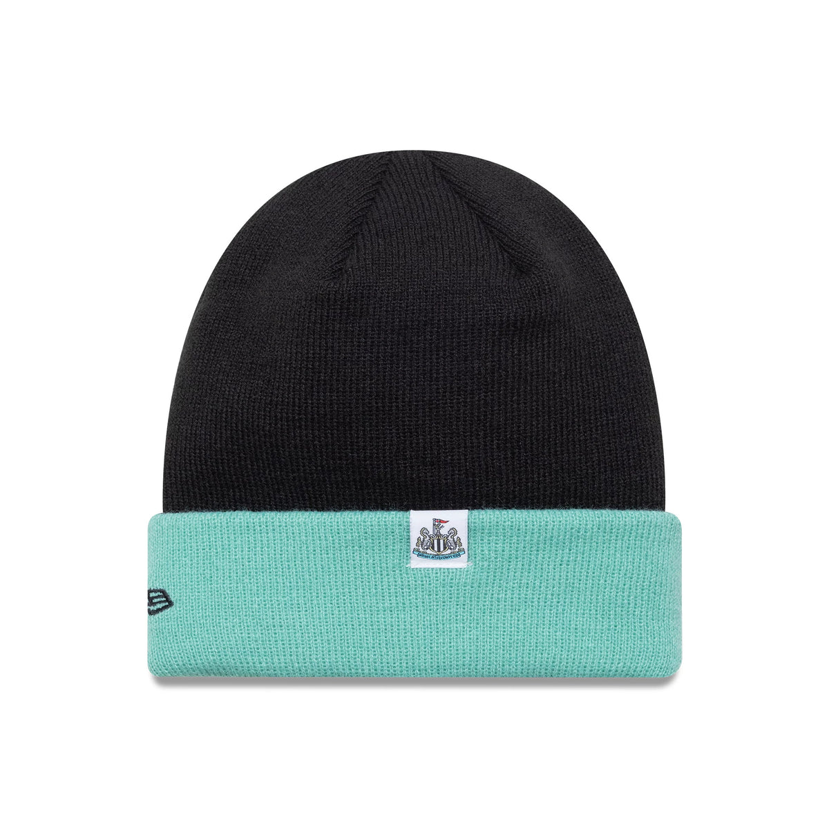 New Era Newcastle United FC Youth Lasses Script Black Cuff Knit Beanie Hat, front view showing the embroidered Newcastle United crest on the front of the light teal cuff and the New Era flag logo on the left side.