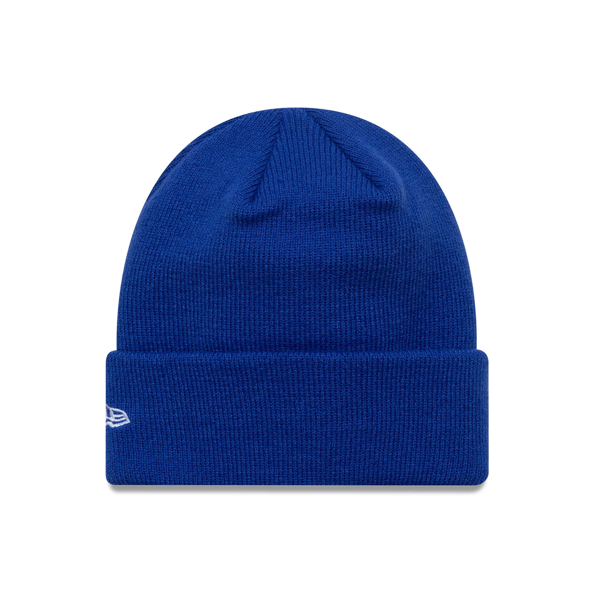 New Era Chelsea FC Lion Crest Youth Core Blue Cuff Knit Beanie Hat, front view showing the embroidered New Era flag logo in white on the left side of the blue cuff, with a prominent ribbed knit texture throughout.