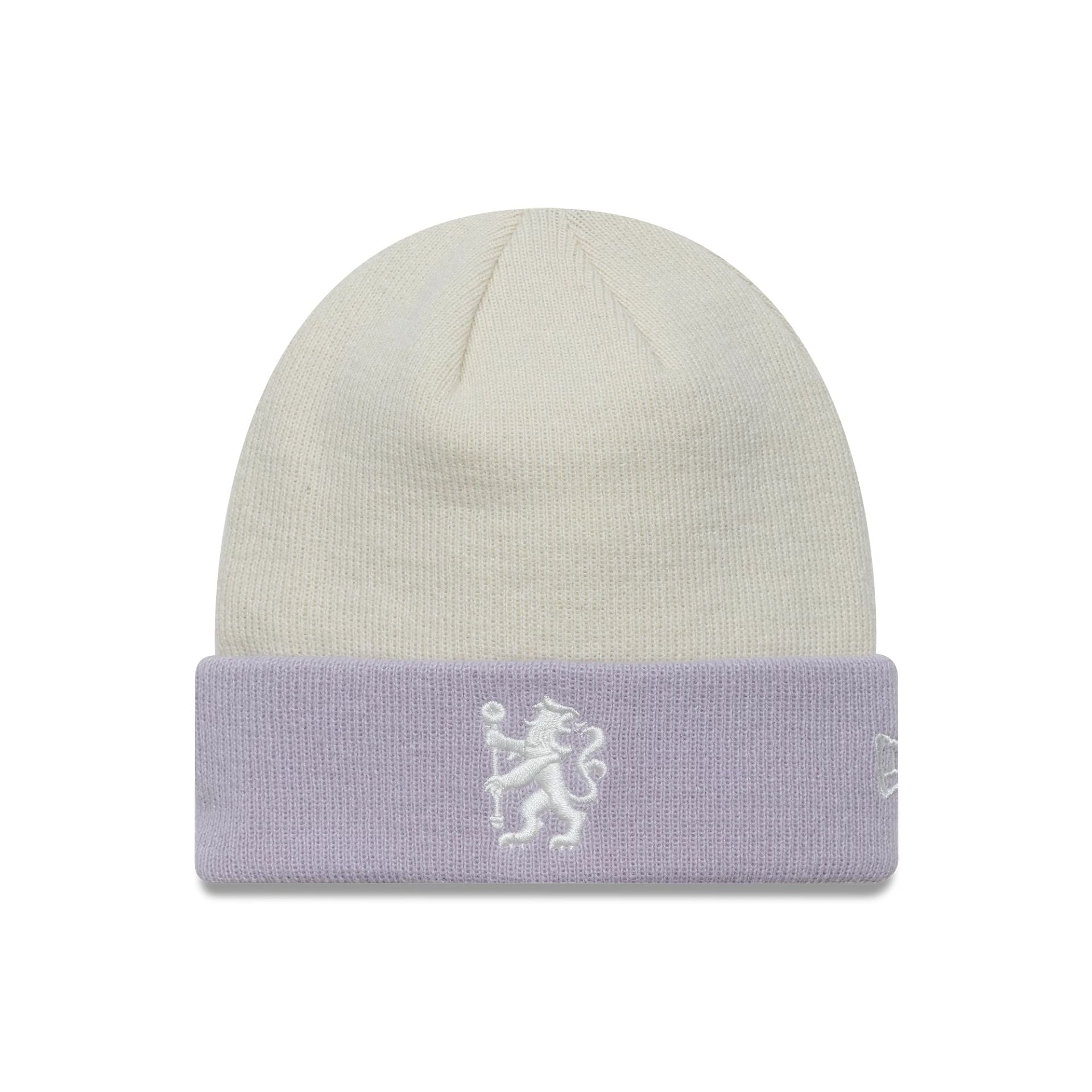 This is a Chelsea FC Lion Crest Womens Contrast Cream Cuff Knit Beanie Hat 1