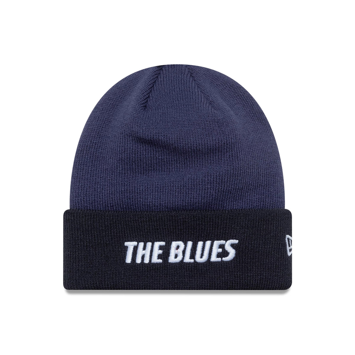 New Era Chelsea FC Lion Crest Youth Wordmark Blue Cuff Knit Beanie Hat, front view showing white embroidered THE BLUES on the black cuff and a white New Era flag logo on the left side.