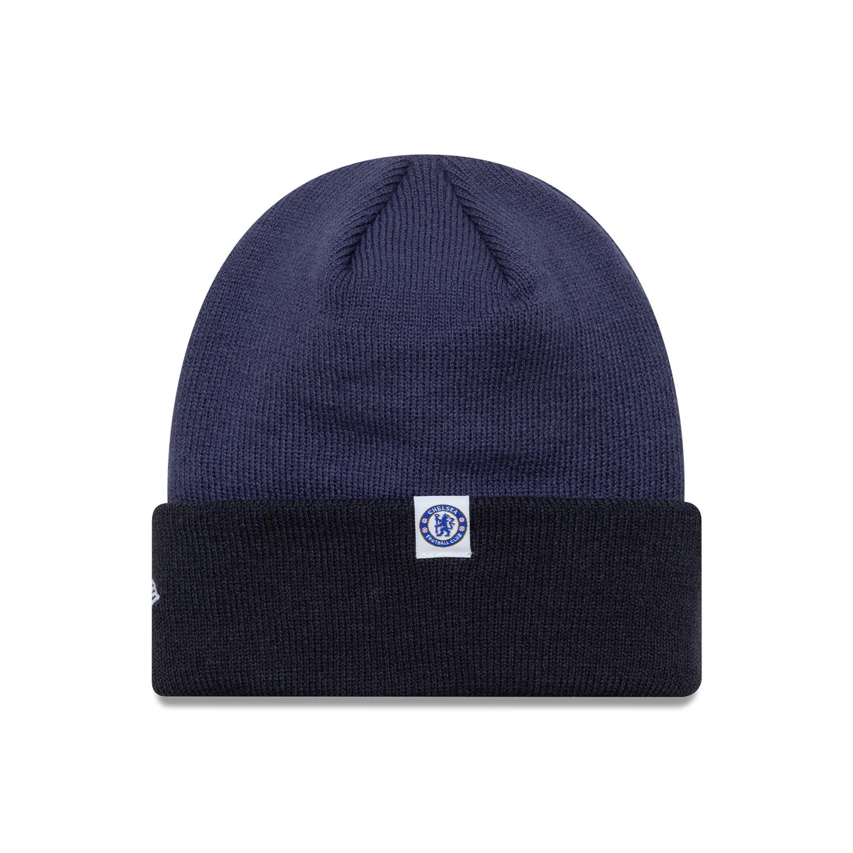 New Era Chelsea FC Lion Crest Youth Wordmark Blue Cuff Knit Beanie Hat, front view showing the embroidered Chelsea lion crest patch centred on the blue cuff and the New Era flag logo on the left side of the folded cuff.