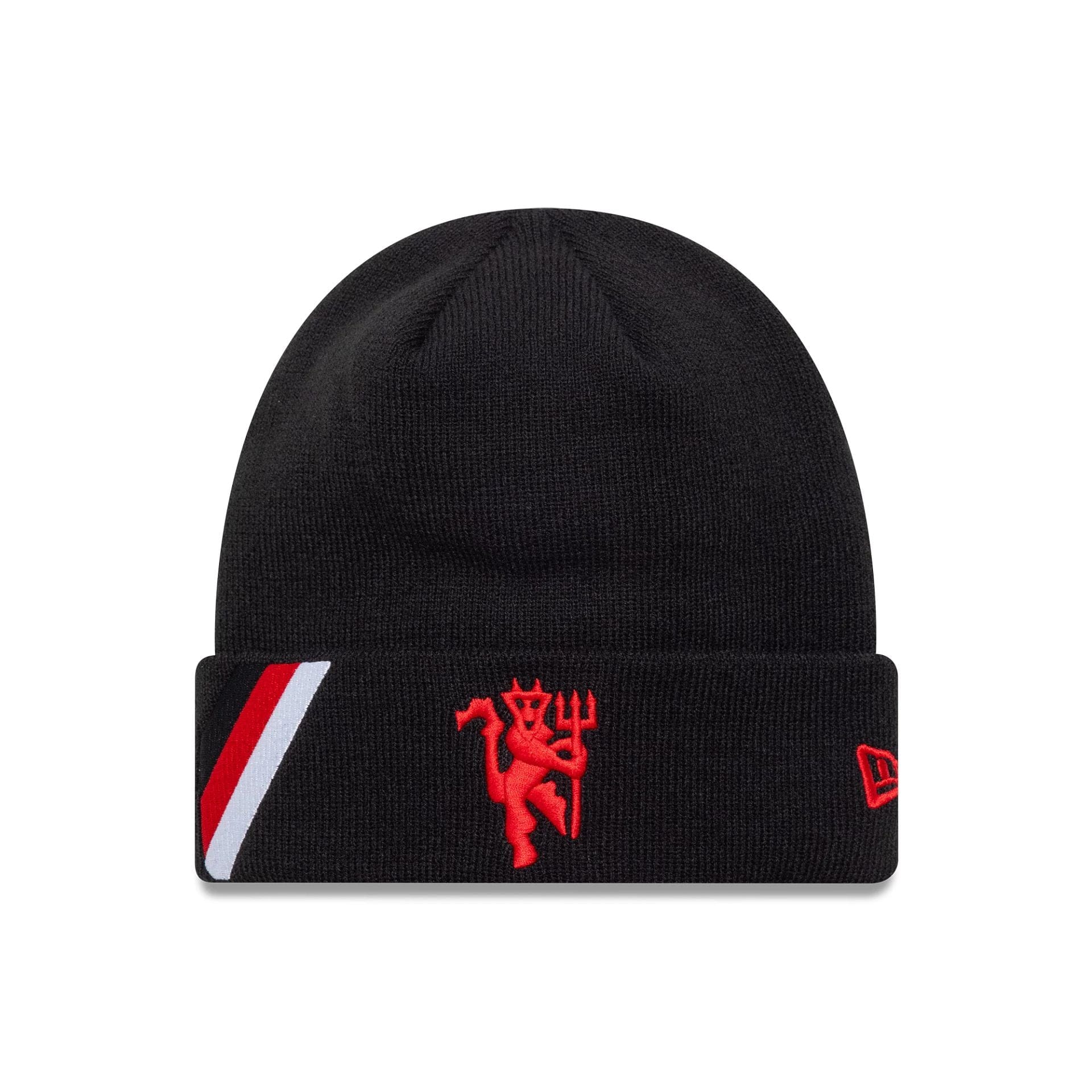 This is a Manchester United FC Side Stripe Black Cuff Knit Beanie Hat 1