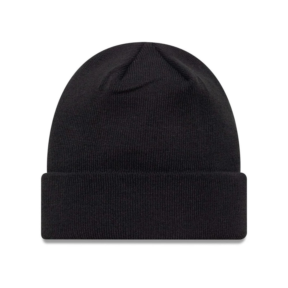 New Era Stade Toulousain Core Black Cuff Knit Beanie Hat, front view showing the plain knitted texture with a folded cuff, highlighting the smooth, seamless design and classic black colour.
