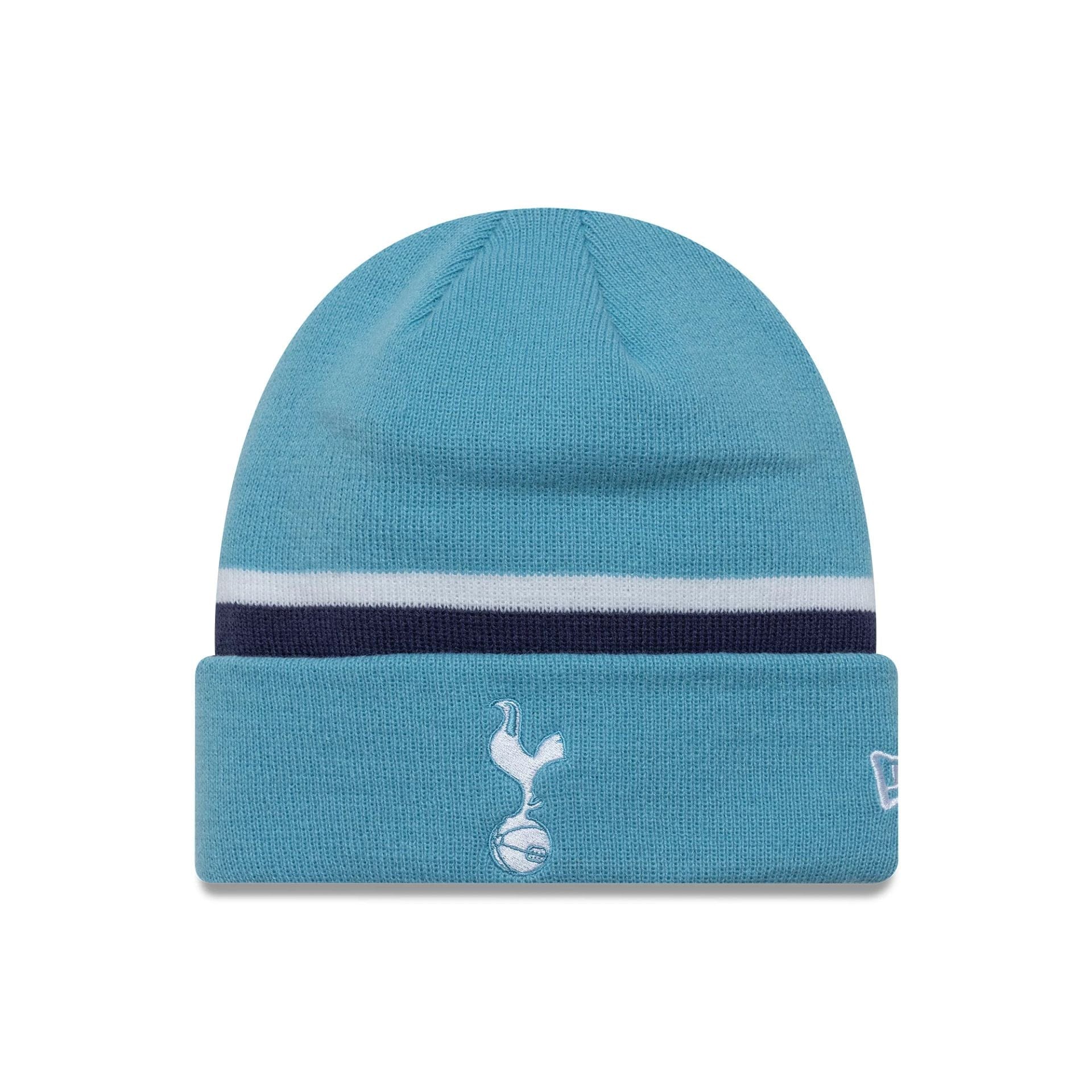 This is a Tottenham Hotspur FC Seasonal Stripe Pastel Blue Cuff Knit Beanie Hat 1