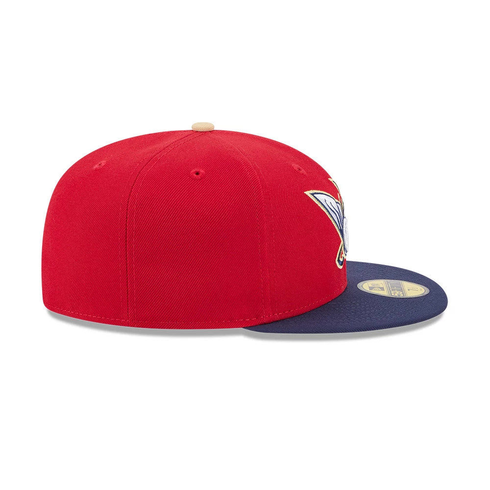 Harrisburg Senators MiLB Theme Night Red New Era 59FIFTY Fitted Cap, three-quarter view showing the Multicoloured embroidered logo on the front panel, navy visor with gold 59FIFTY size sticker, and a red crown with a beige top button.