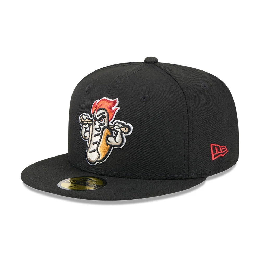 Rochester Red Wings MiLB Theme Night Black New Era 59FIFTY Fitted Cap, front view featuring a vividly embroidered hot dog mascot on the front panel with a red New Era flag logo on the left side and gold 59FIFTY size sticker on the visor.