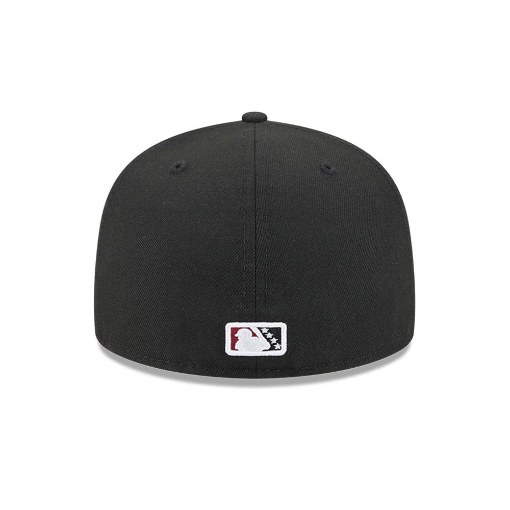 Rochester Red Wings MiLB Theme Night Black New Era 59FIFTY Fitted Cap, rear view showing the white embroidered MLB Batterman logo centred on the back panel of the structured black crown.