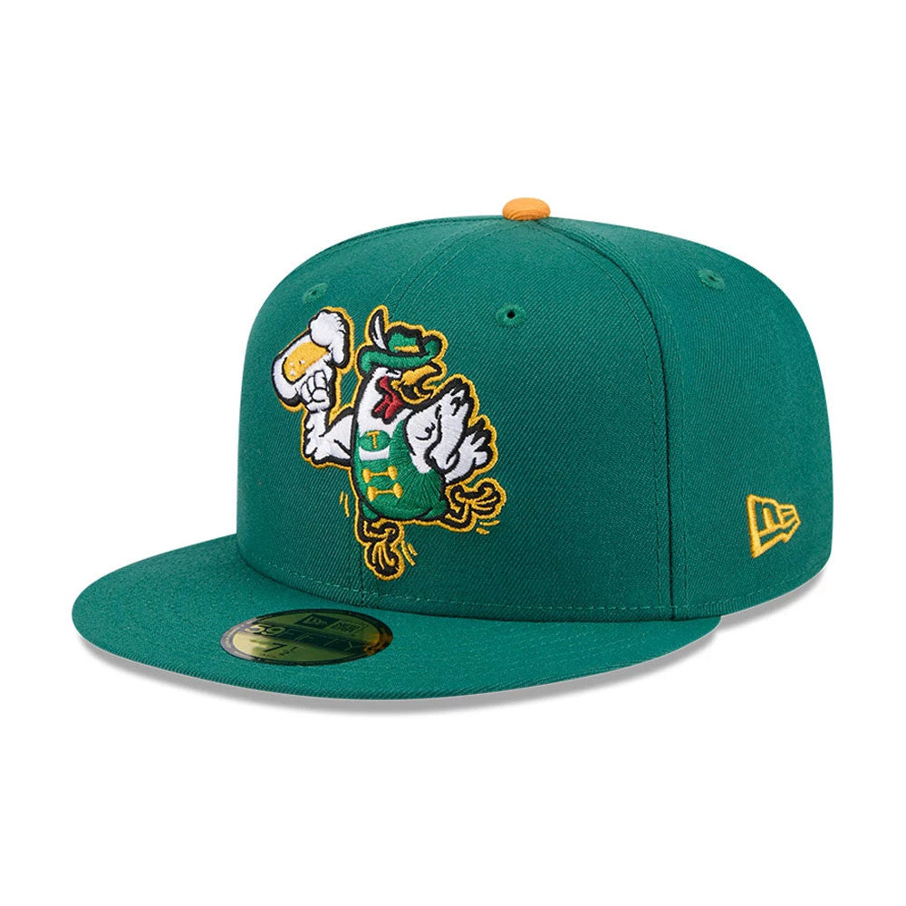 Tulsa Drillers MiLB Theme Night Green New Era 59FIFTY Fitted Cap, three-quarter view showing a colourful duck character embroidered on the front panel, a gold 59FIFTY size sticker on the green visor and New Era flag logo on the left side.