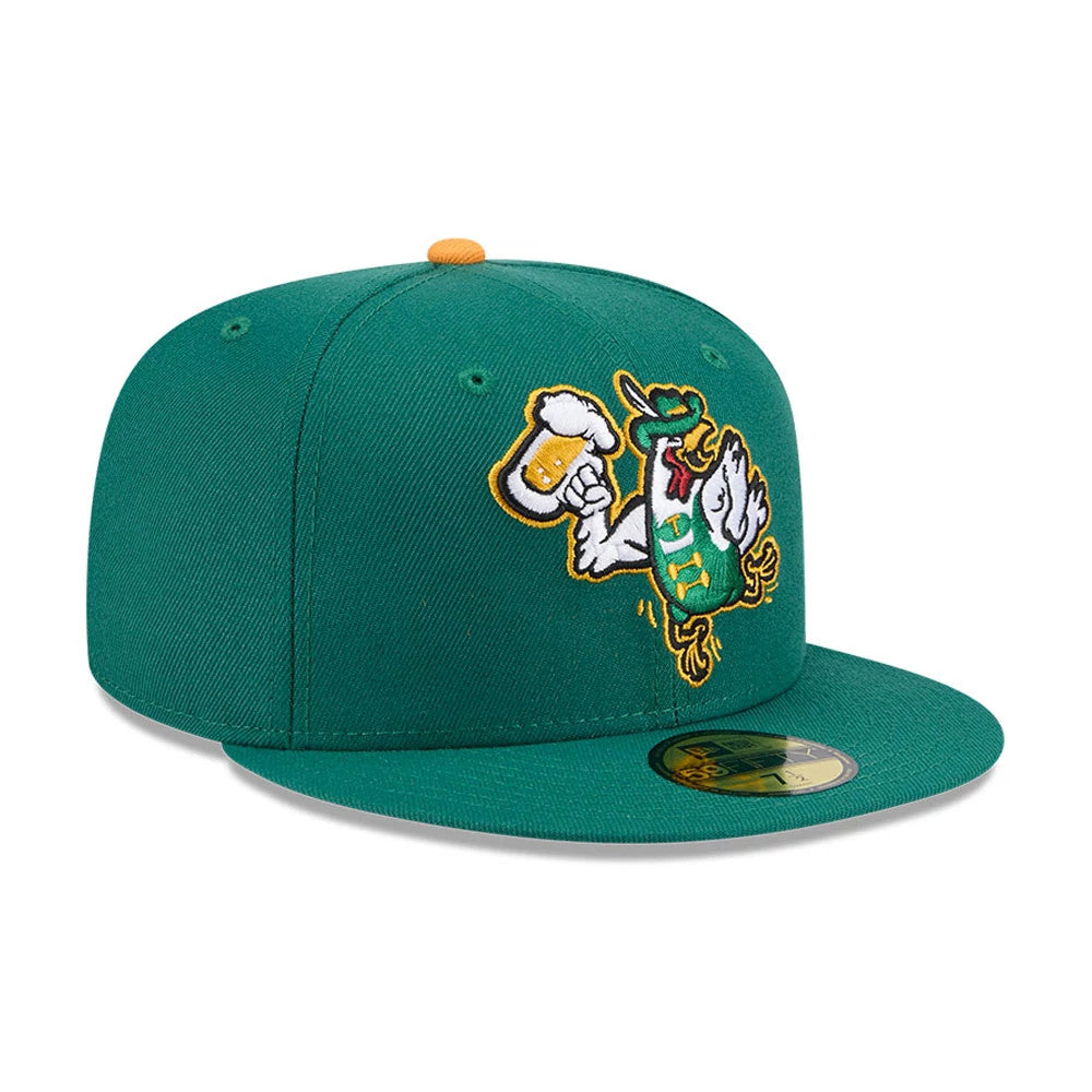Tulsa Drillers MiLB Theme Night Green New Era 59FIFTY Fitted Cap, front view with a raised embroidered duck holding a beer mug on the front panel, featuring a green flat visor and a gold 59FIFTY size sticker.