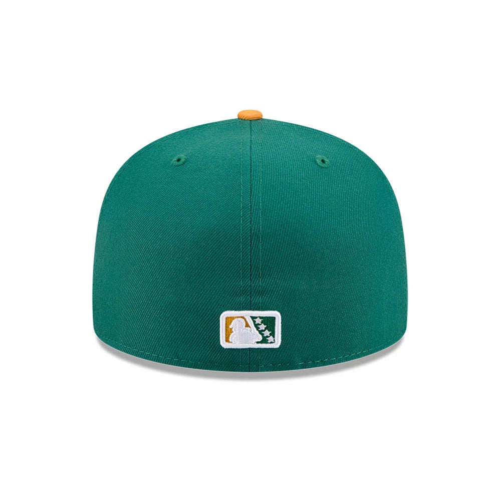 Tulsa Drillers MiLB Theme Night Green New Era 59FIFTY Fitted Cap, rear view showing the embroidered white MLB Batterman logo centred on the back panels, complemented by a contrasting yellow top button on the green crown.