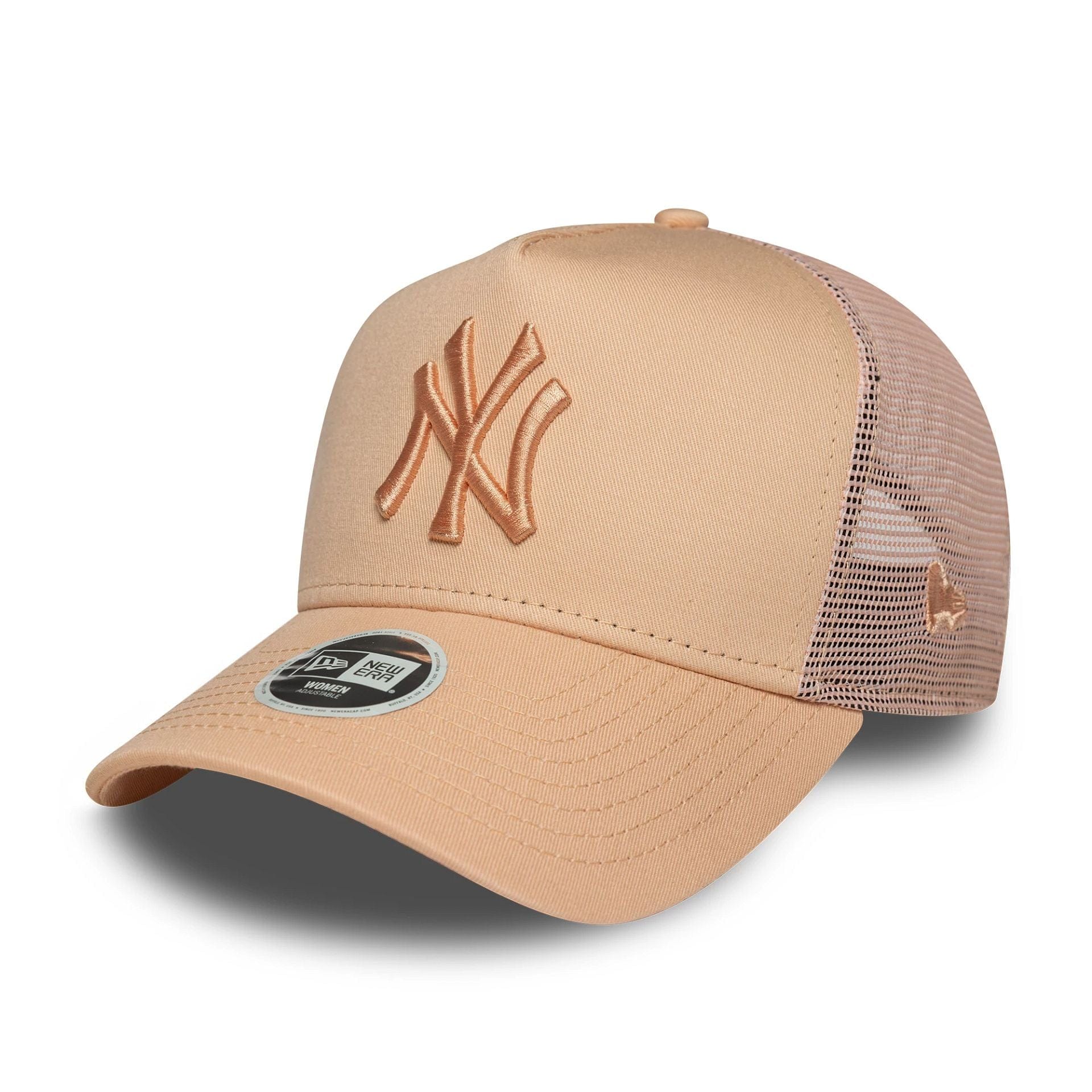 This is a New York Yankees Womens MLB League Essential Pastel Orange 9FORTY A-Frame Trucker Adjustable Cap 1