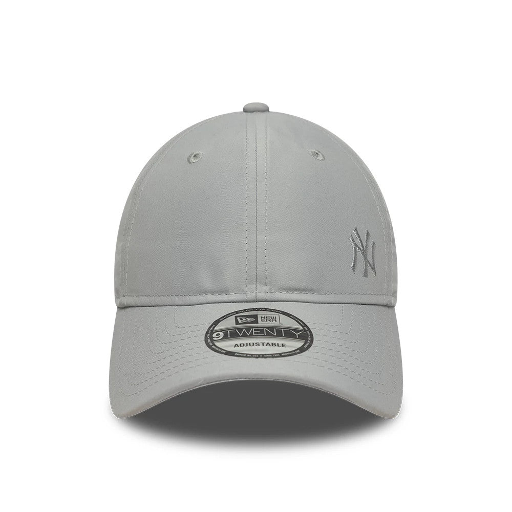 New York Yankees MLB Flawless Grey New Era 9TWENTY Adjustable Cap, front view showing a grey embroidered NY logo on the front panel, a curved visor with a 9TWENTY size sticker, and matching eyelets and top button.