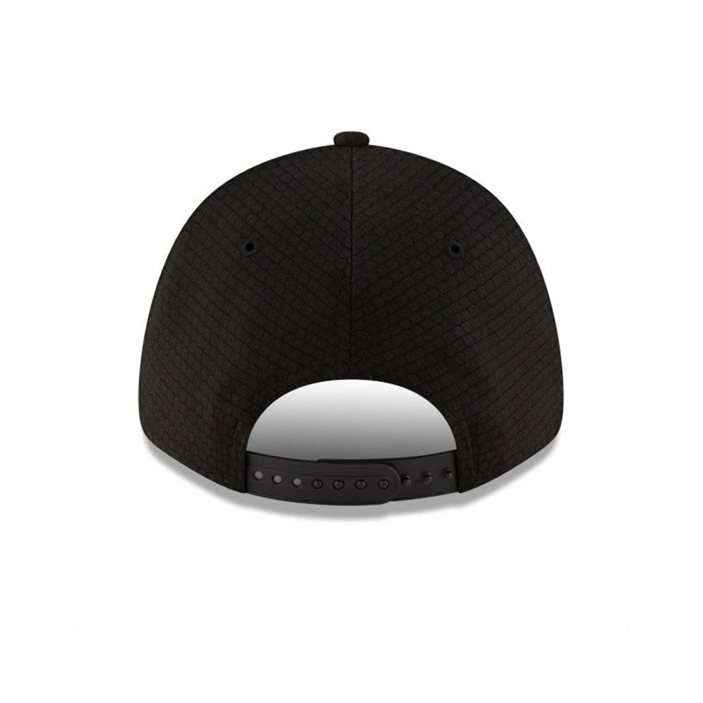 New York Yankees MLB Flawless Mesh Black New Era 9FORTY Adjustable Cap, rear view showing the textured black mesh fabric, black top button, and adjustable strap at the back of the cap.