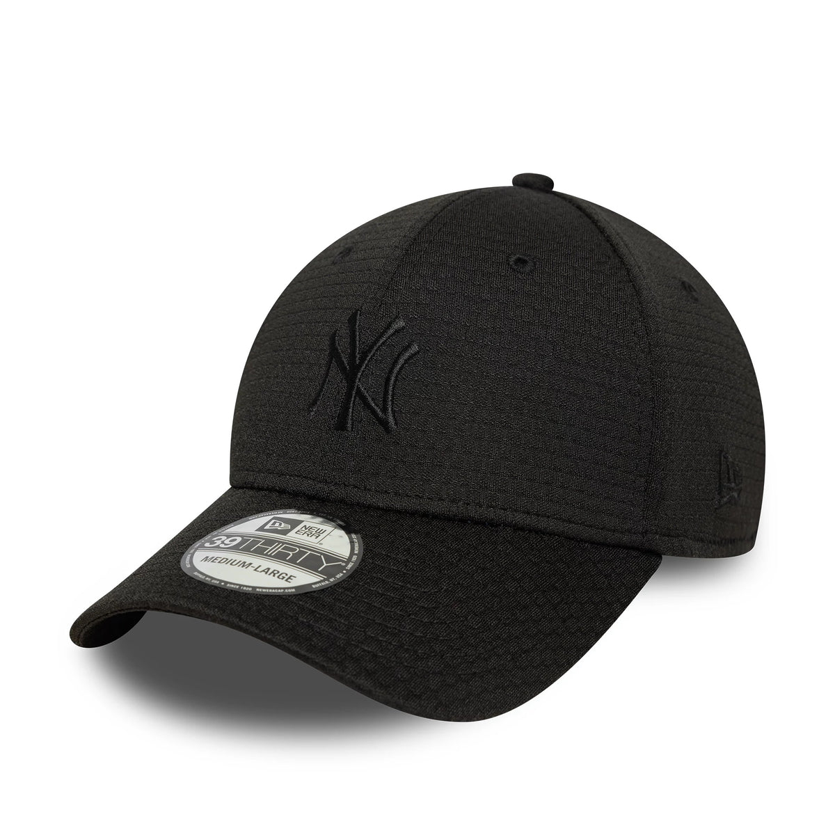 New York Yankees MLB Stretch Mesh Black New Era 39THIRTY Stretch-Fit Cap, three-quarter view showing the raised black NY logo on the front panel, textured mesh crown, and 39THIRTY size sticker on the curved black visor.