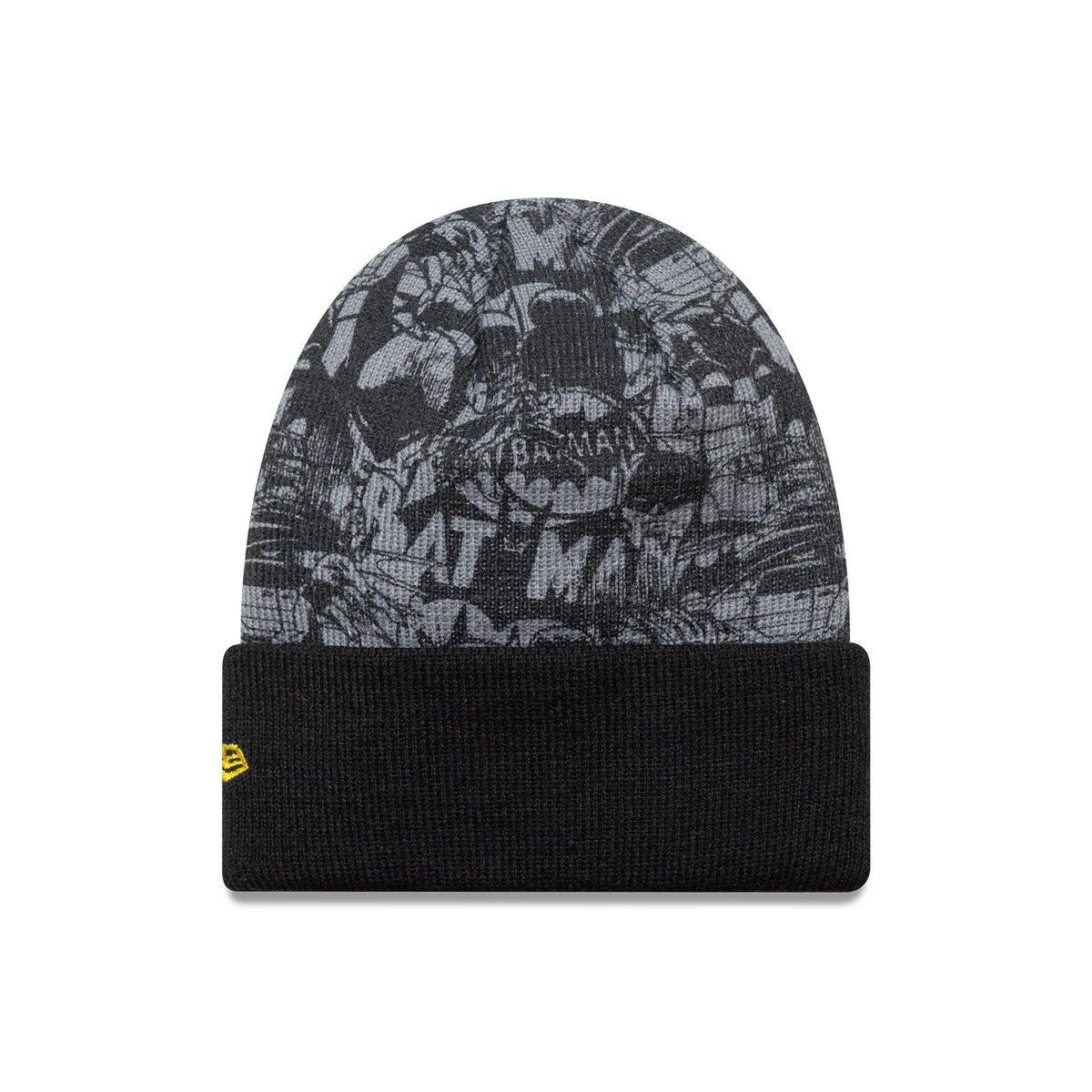 New Era Batman Youth DC Black Cuff Knit Beanie Hat, front view showing an all-over grey Batman graphic on the crown and a black cuff with a yellow embroidered New Era flag logo on the left side.