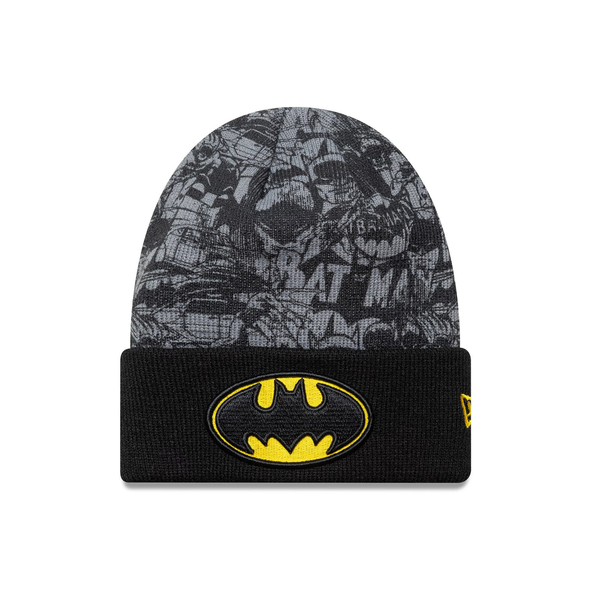 New Era Batman Youth DC Black Cuff Knit Beanie Hat, front view showing a yellow Batman logo embroidered on the black cuff, with a grey comic strip pattern on the crown and a yellow New Era flag logo on the left side.