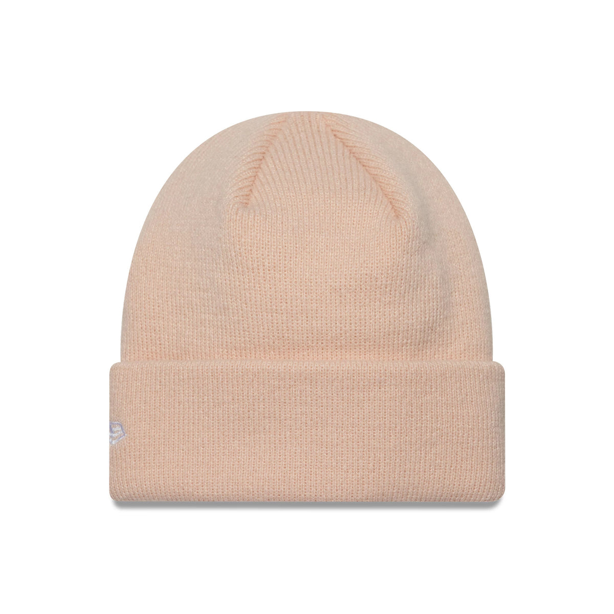 New Era New York Yankees Toddler MLB Icon Pastel Pink Cuff Knit Beanie Hat, front view showing a soft pastel pink knit with a folded cuff and a small embroidered New York Yankees logo on the side.