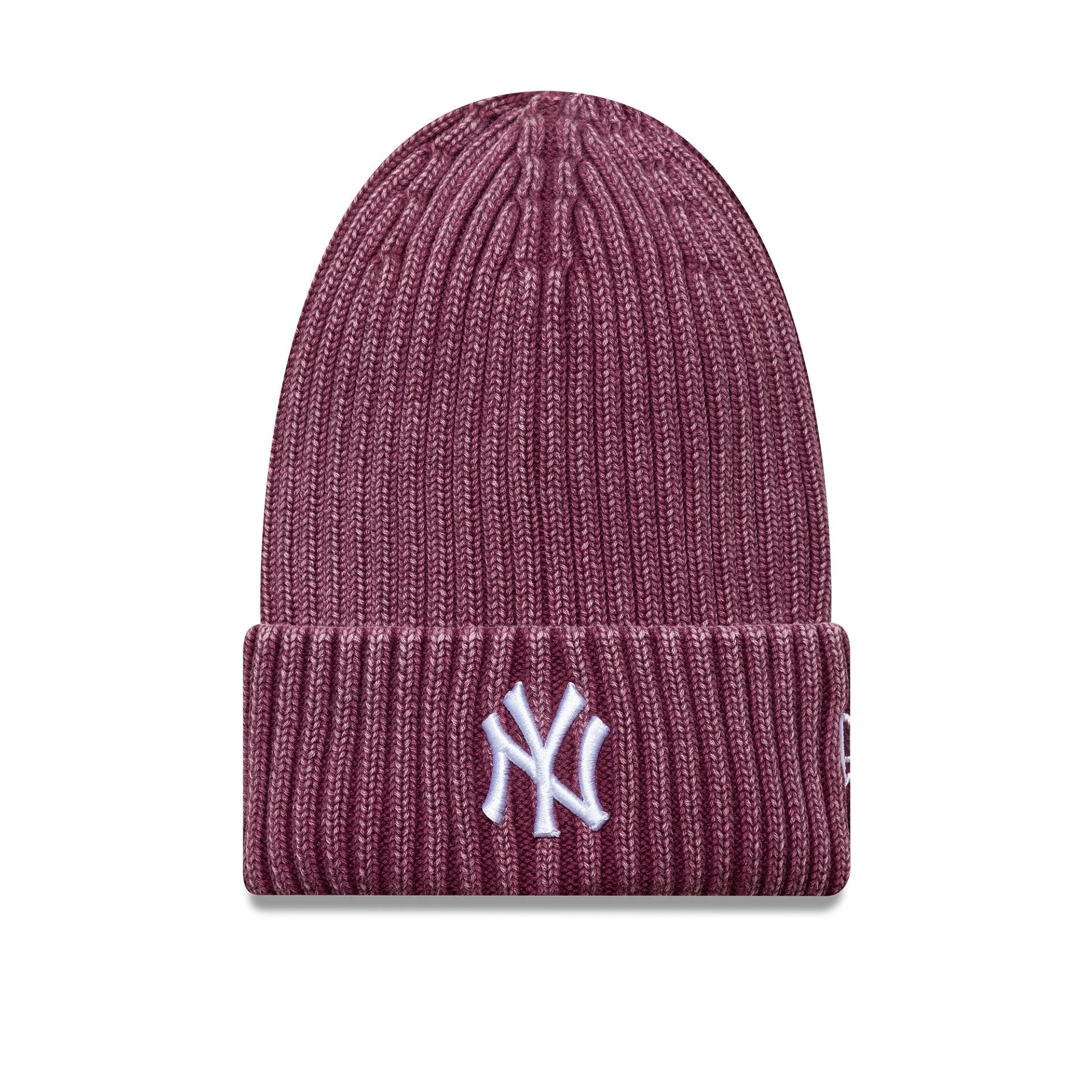 This is a New York Yankees MLB Washed Dark Red Cuff Knit Beanie Hat 1