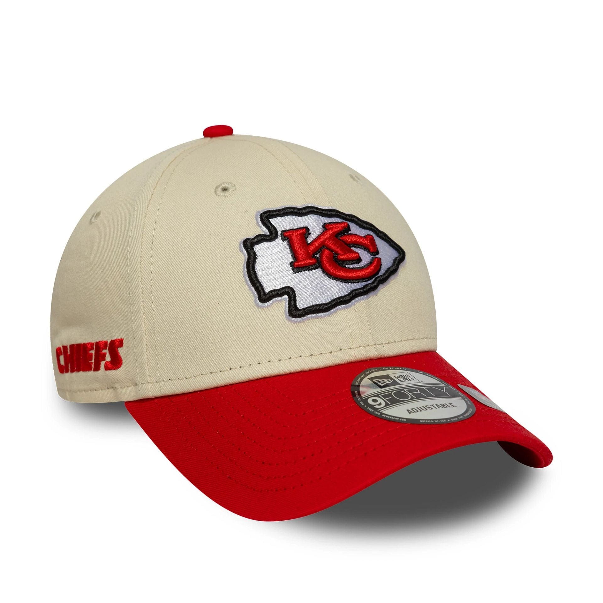 This is a Kansas City Chiefs NFL Wordmark Cream 9FORTY Adjustable Cap 1