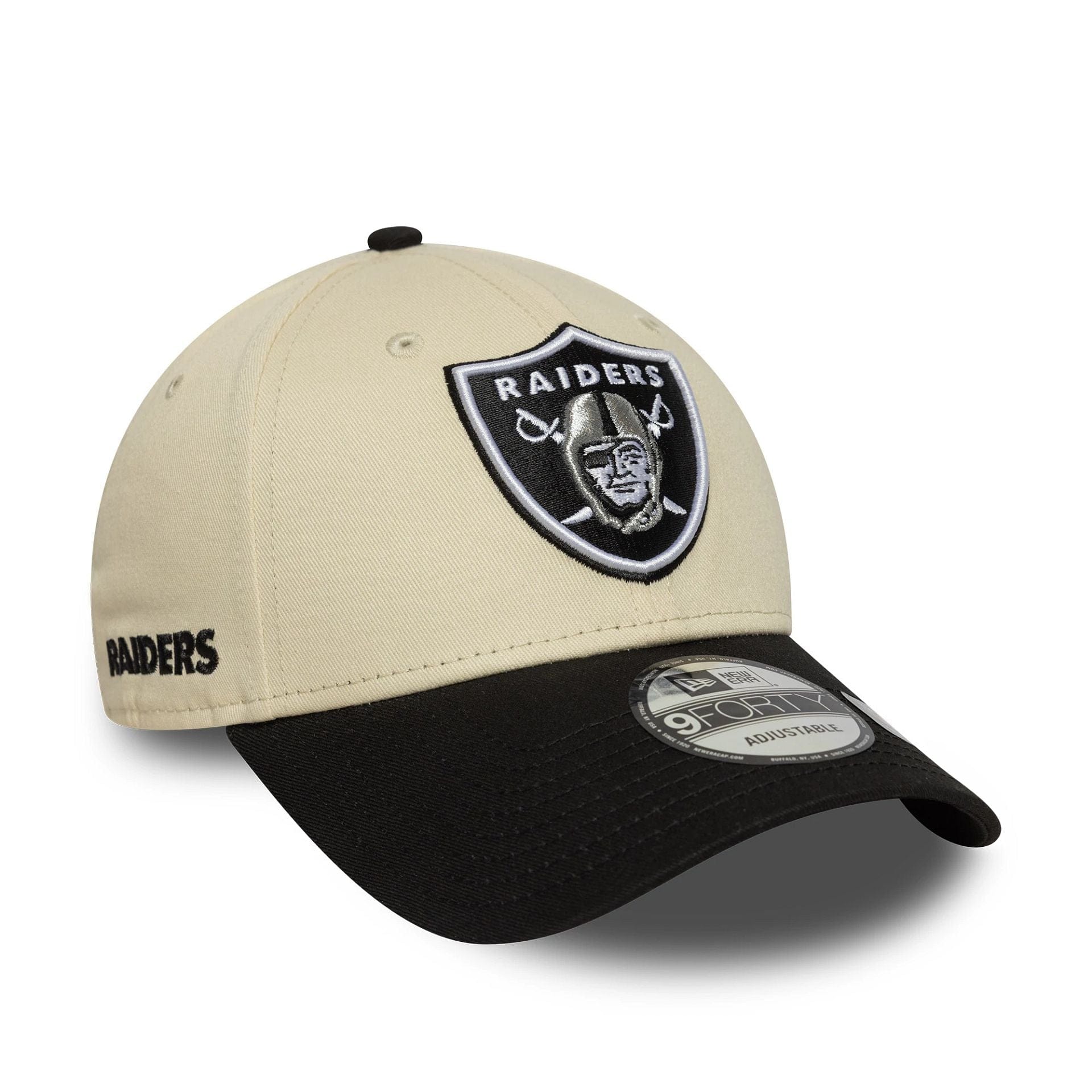 This is a Las Vegas Raiders NFL Wordmark Cream 9FORTY Adjustable Cap 1