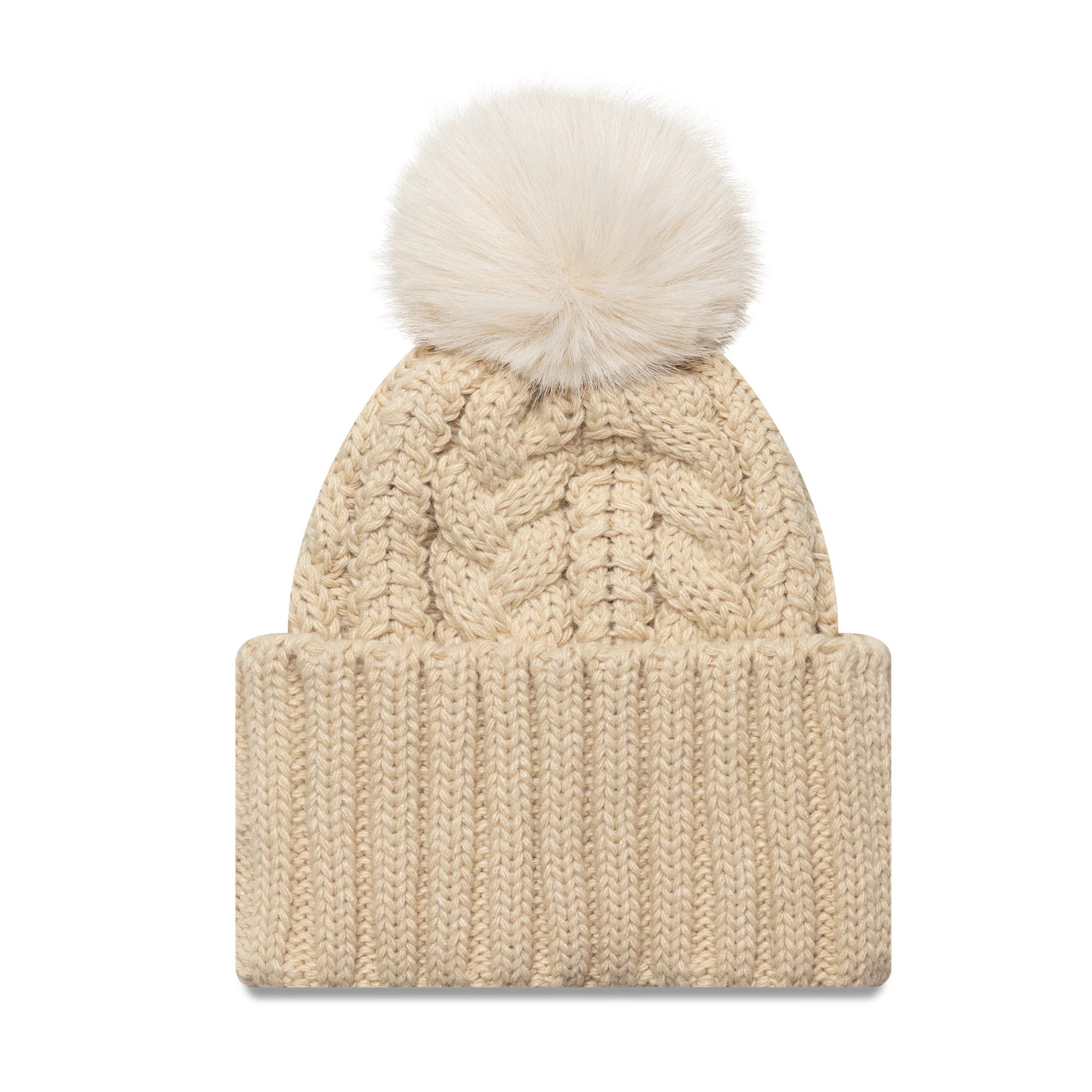 New Era New York Yankees MLB Light Beige Cable Knit Beanie Hat, front view showing the intricate cable knit pattern and a large fluffy pom-pom on top, with a folded cuff giving a cosy and classic winter look.
