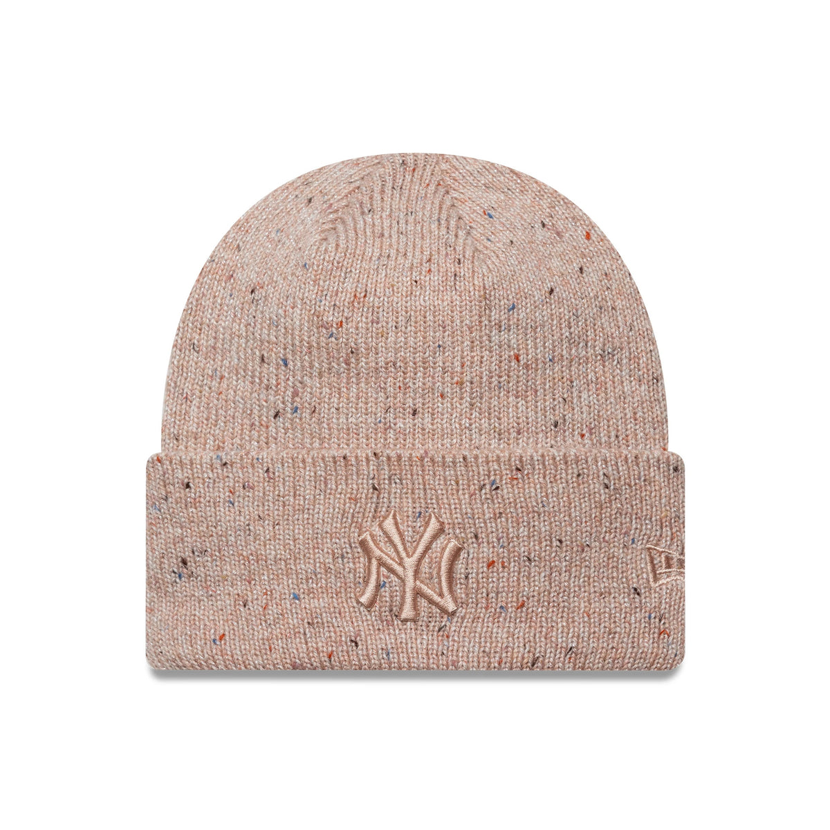 New Era New York Yankees Womens MLB Glitter Pastel Pink Cuff Knit Beanie Hat, front view showing the pastel pink speckled knit with an embroidered pink NY logo on the cuff and the New Era flag logo on the left side.