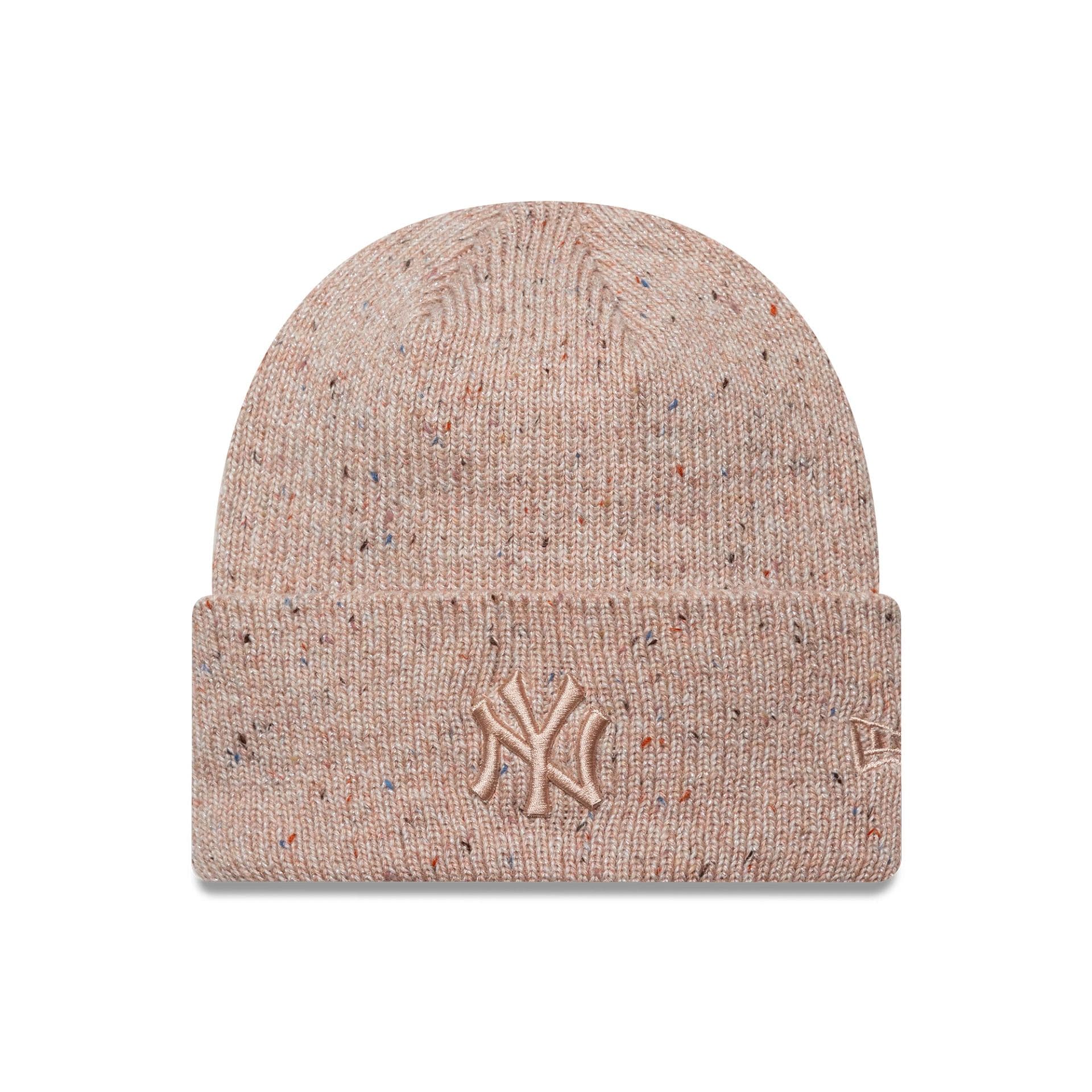 This is a New York Yankees Womens MLB Glitter Pastel Pink Cuff Knit Beanie Hat 1