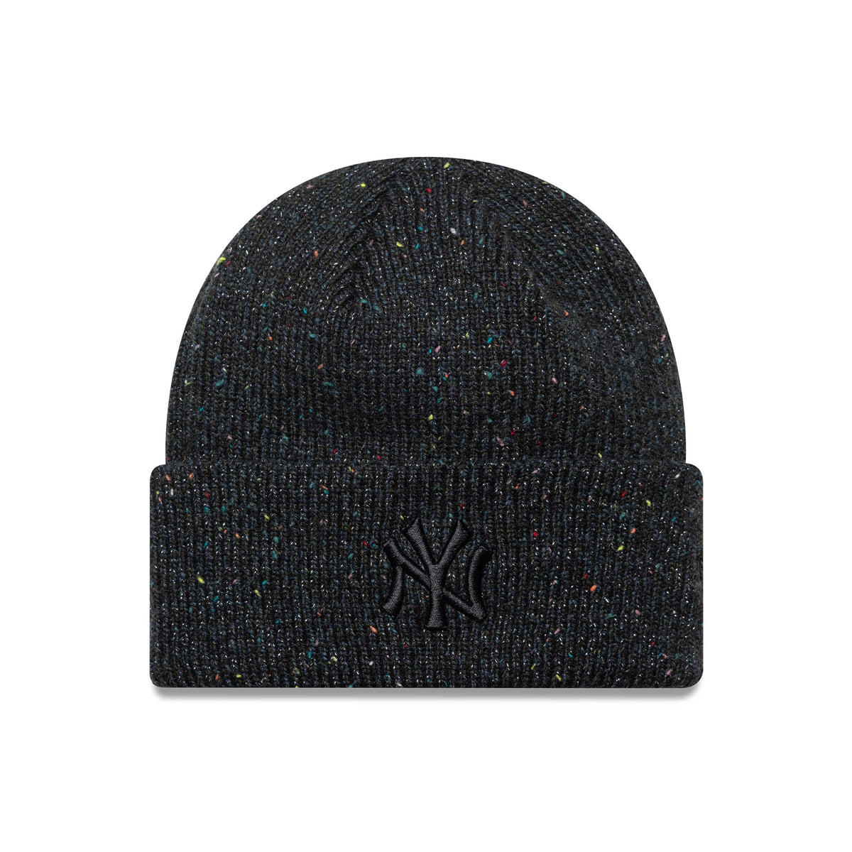New Era New York Yankees Womens MLB Glitter Black Cuff Knit Beanie Hat, front view showing a raised black NY logo embroidered on the cuff of the dark knit beanie, featuring multicoloured speckle details throughout the fabric.