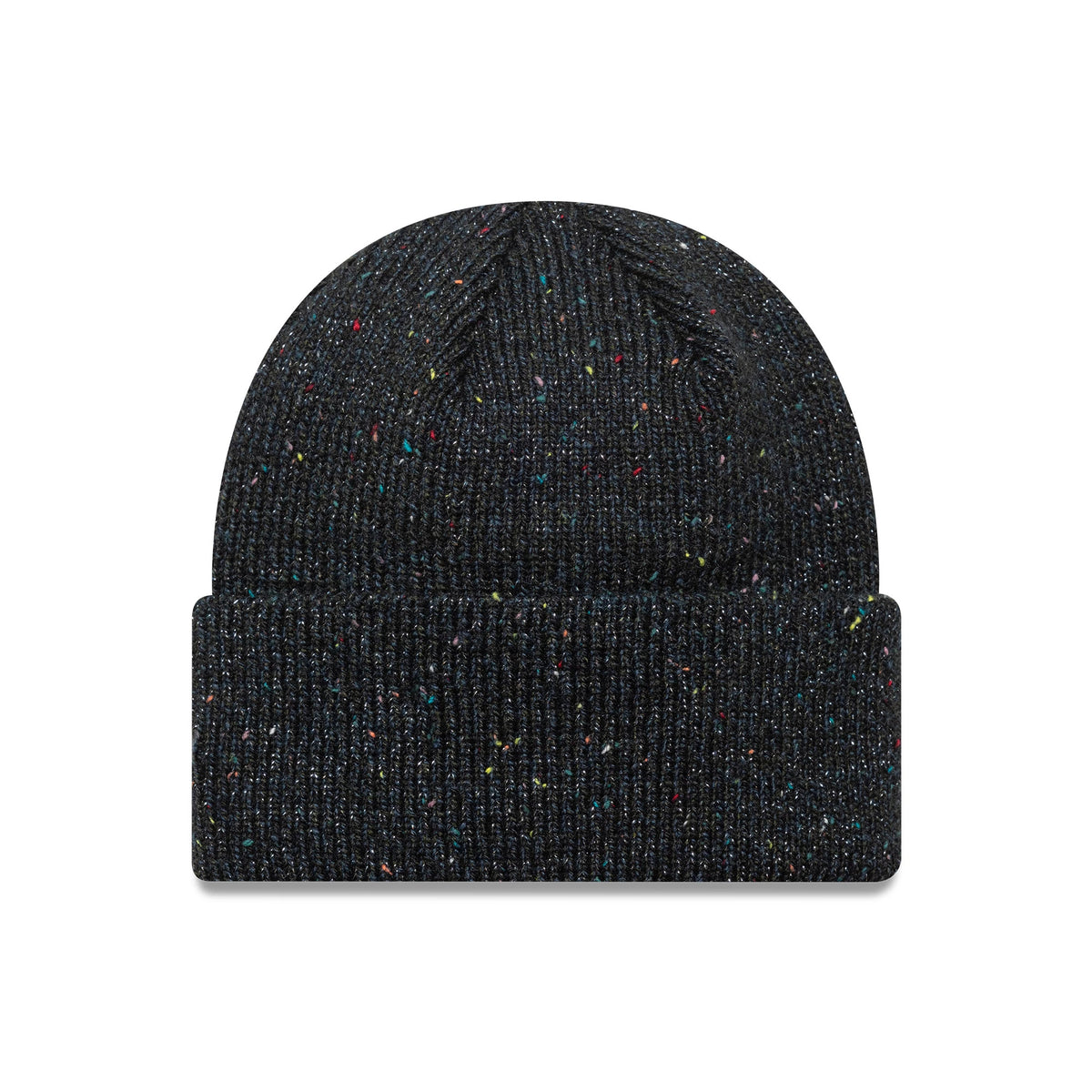 New Era New York Yankees Womens MLB Glitter Black Cuff Knit Beanie Hat, front view showing the speckled glitter pattern on the ribbed cuff and crown, with a seamless knit design enhancing the classic beanie silhouette.