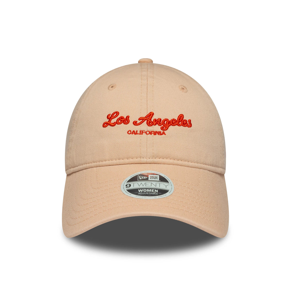 Womens New Era City Pastel Pink 9TWENTY Adjustable Cap, front view showing Los Angeles and California in red embroidery on the unstructured crown with a curved visor and the 9TWENTY size sticker on top.