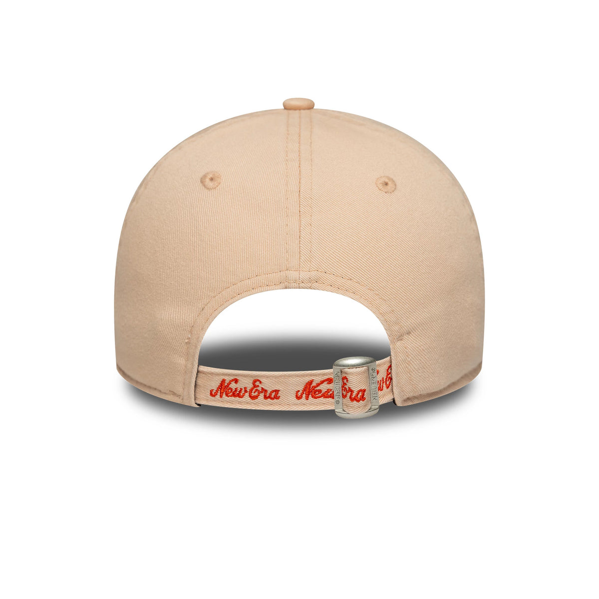 Womens New Era City Pastel Pink New Era 9TWENTY Adjustable Cap, rear view showing the open back design with an adjustable strap featuring red New Era script embroidery and a silver buckle, enhancing the pastel pink curved crown.